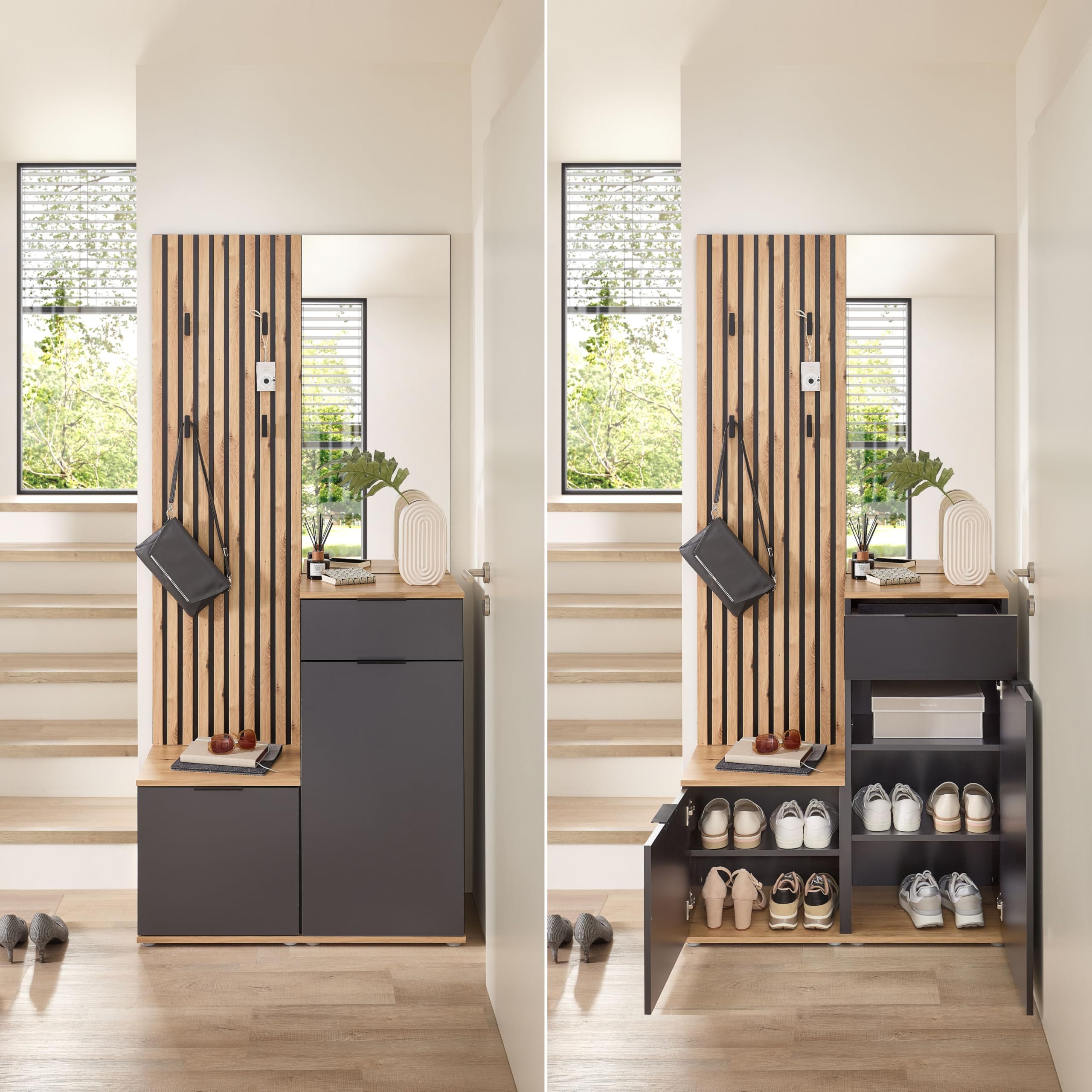 Simple Flurgarderoben Set in Artisan Eiche Optik, Anthrazit - Moderne Kompaktgarderobe mit Spiegel für Ihren Eingangsbereich - 88 x 195 x 35 cm (B/H/T)