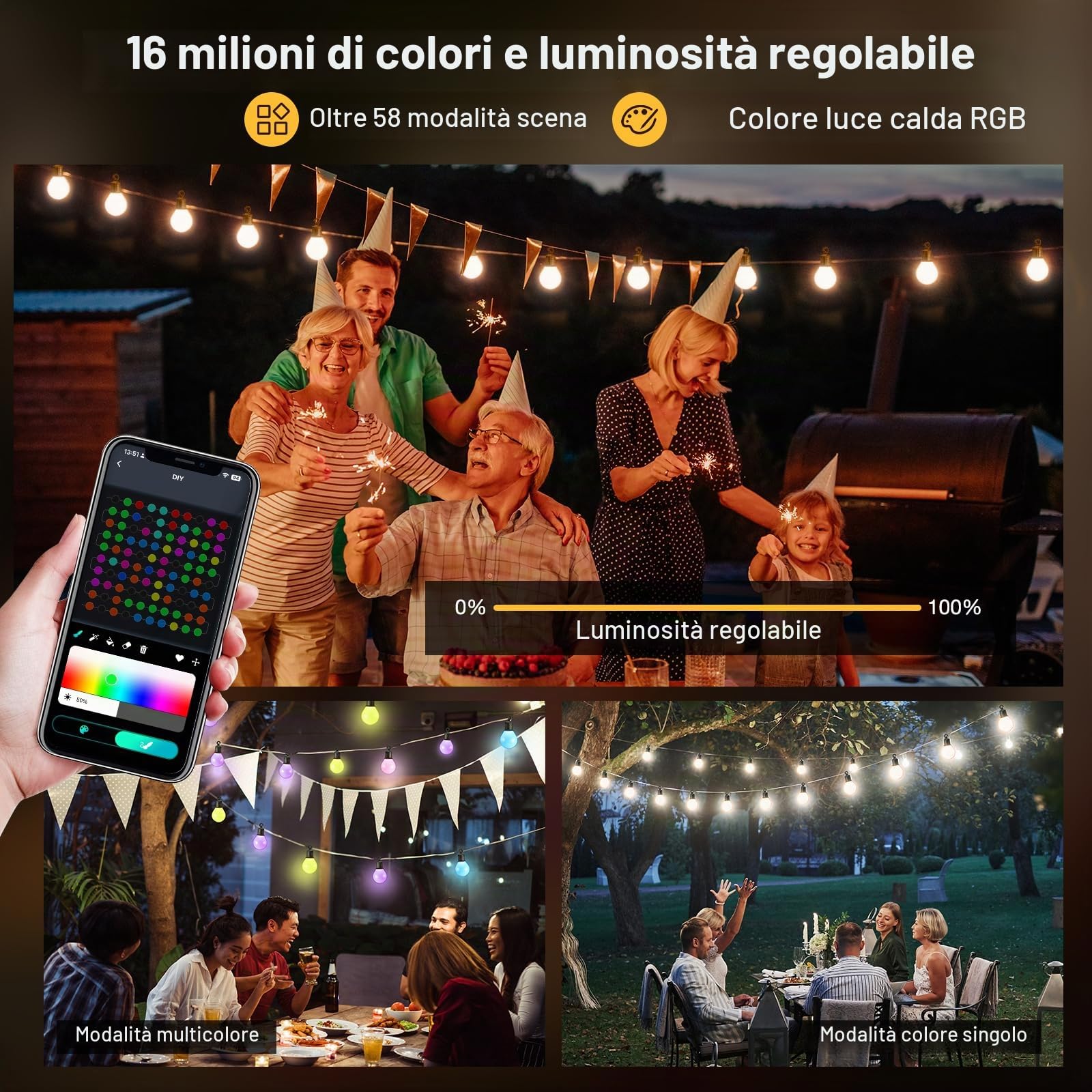 Catena Luminosa Esterno, 100ft/30M 50 Lampadine Catena Luminosa Interno con Telecomando e App, Timer, 16 Milioni di Colori e 58 Modalità, Catena Luci Esterno Impermeabile per Feste Giardino