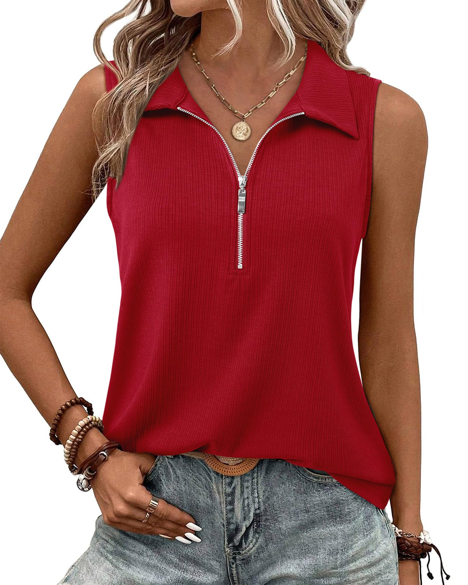 Vivilli Womens Ribbed Tank Top Zipper V Neck Dressy Casual Blouses Sleeveless Camisole Tops Work Tank Polo Shirts