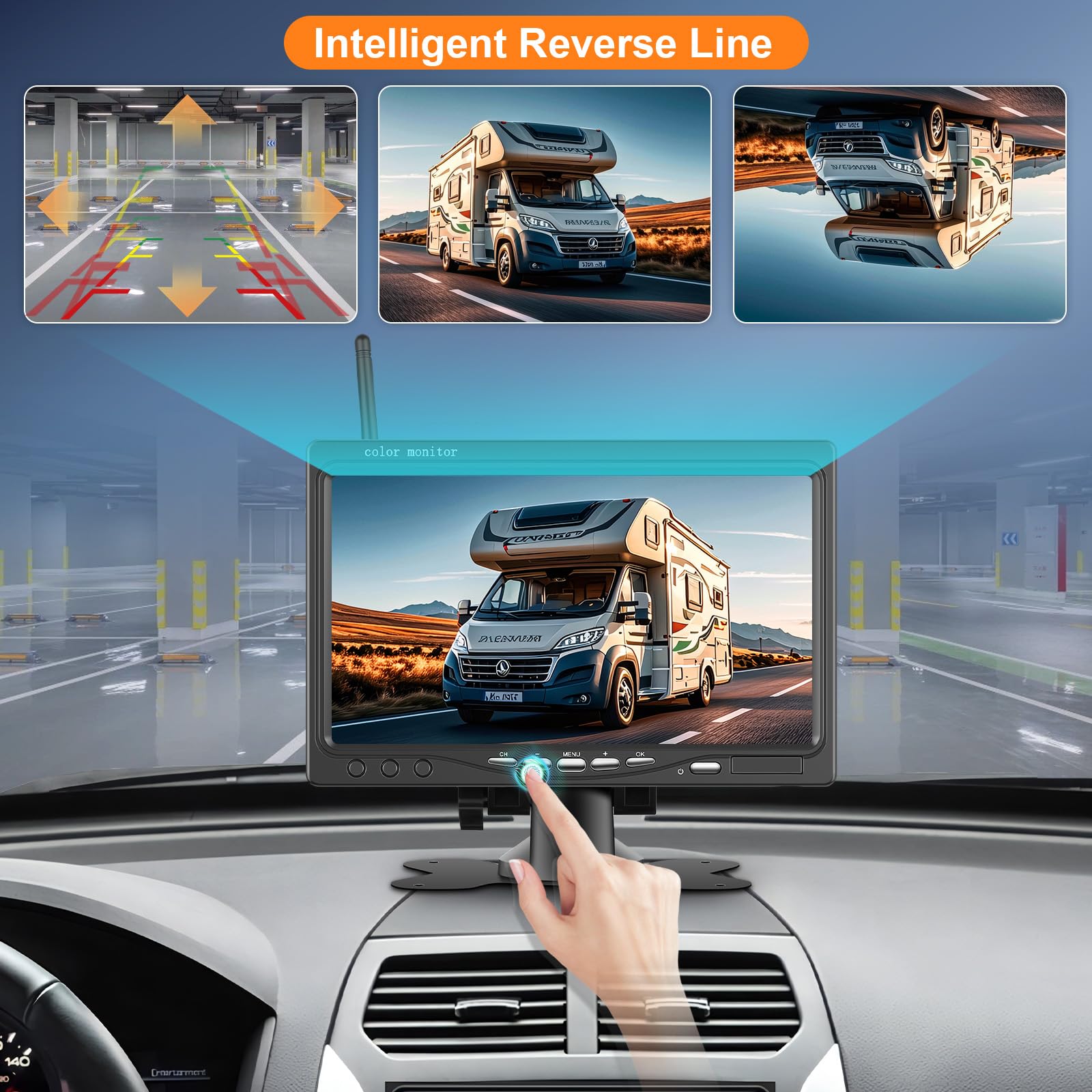 VECHTEL Kit Telecamera Posteriore IPS HD 7 Pollici senza Fili con 2 Telecamere, Telecamera Retromarcia Auto con BSD Impermeabile IP68 Visione Notturna Supergrandangolo per 12-36V Camion Camper Furgoni