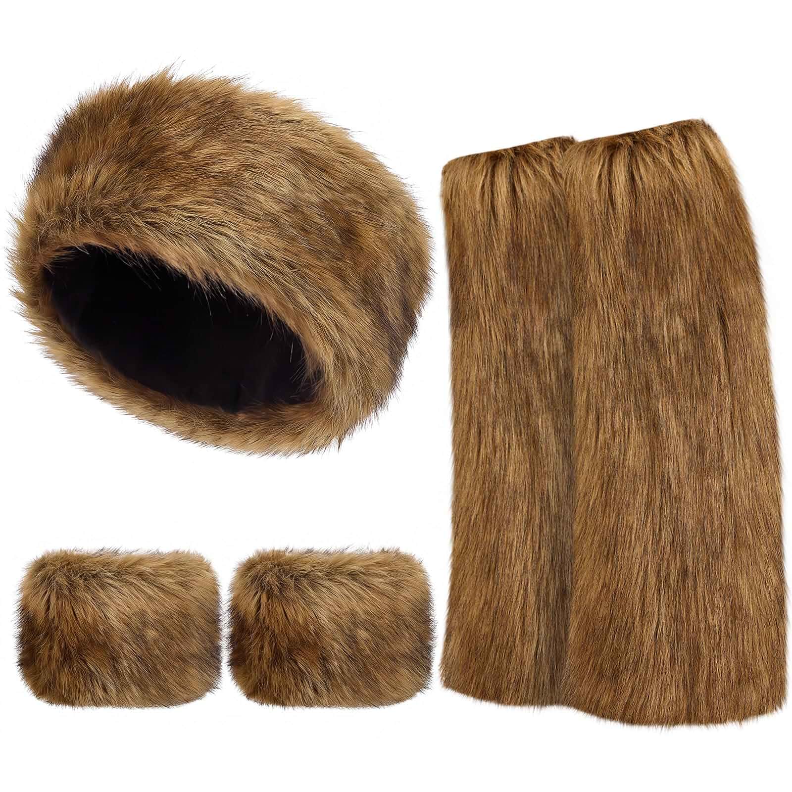 SATINIOR 3 Pcs Faux Fur Headband Ear Leg Warmers Wrist Cuffs, BrownFluffy Fur Accessories for Girls, Includes Warm Headwrap Wrist Cuffs Leg Warmers Boot Cuff, for Winter Cold Weather Outdoor