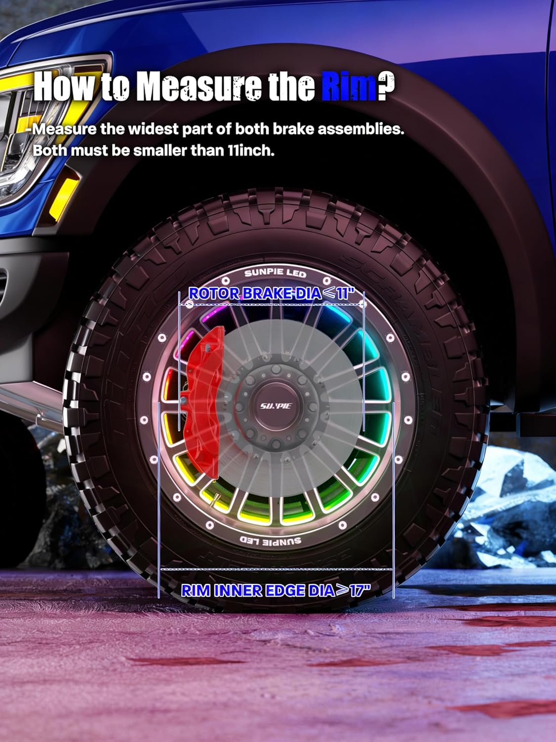 SUNPIE Wheel Lights RGB Wheel Light for Truck Universal 14.5’’ RGB Rim Light for Car/SUV - Wheel Well Ring Lights with Sequential and Multi-Color for All Vehicles, Including Instruction Manual