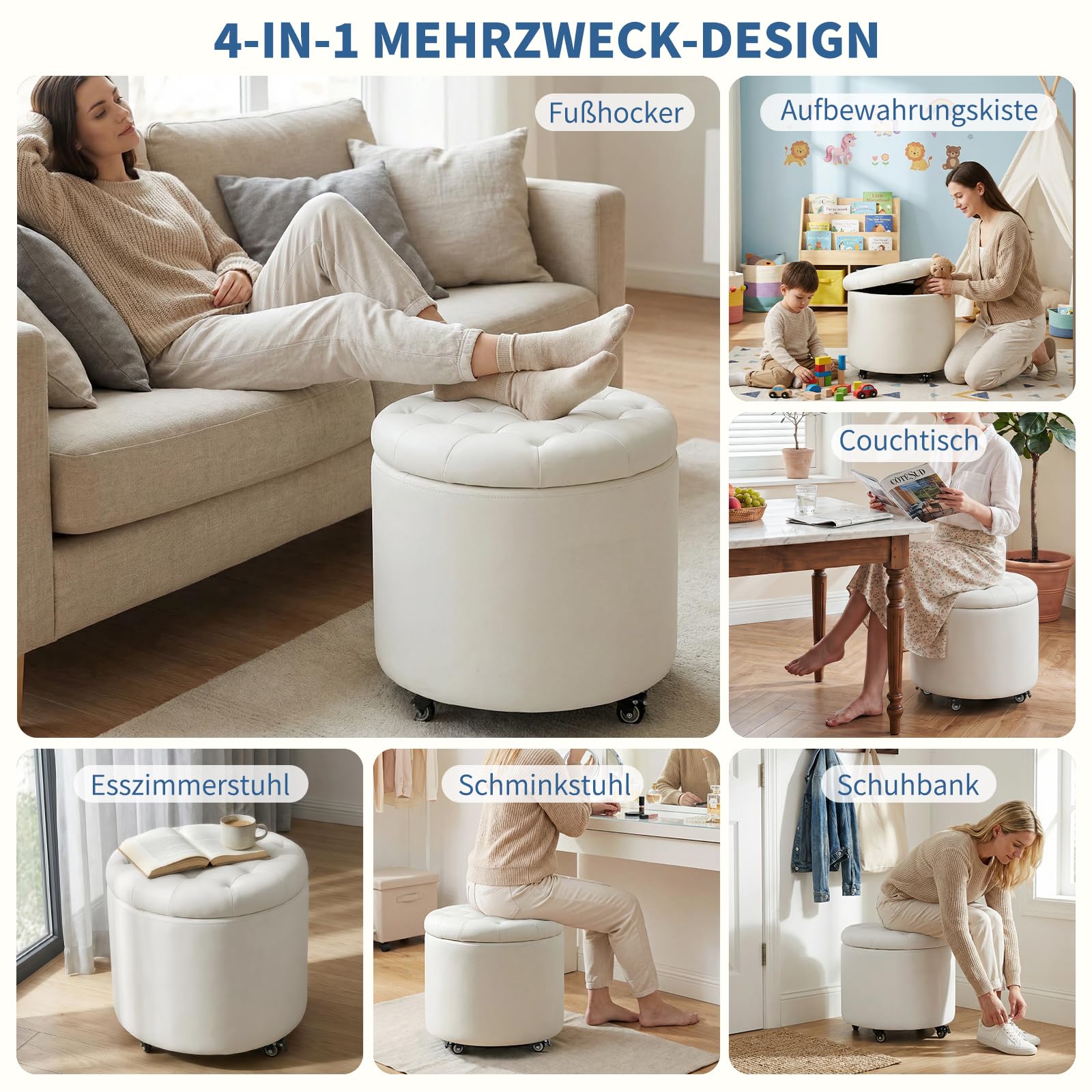 Hocker mit Rollen, 48cm Runder Fußhocker mit Stauraum, Knopfgeheftete Sitzhocker Schminkhocker mit Abnehmbarem Deckel für Wohnzimmer, Schlafzimmer, Esszimmer, PU, Elfenbeinweiß