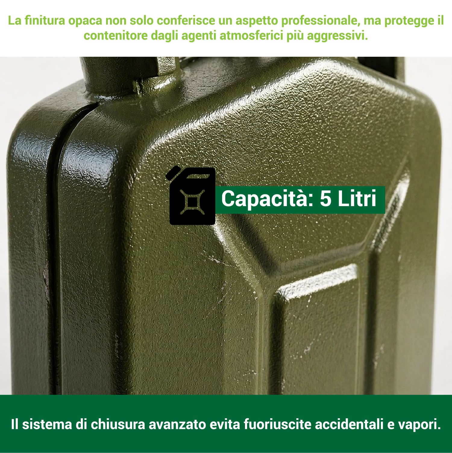 Crisalide® - Bidón de combustible de acero 5 l, 10 l y 20 l con boquilla de transporte, homologado para transporte de gasolina y gasóleo, antioxidante, cierre hermético, bidón de gasolina de metal (5L