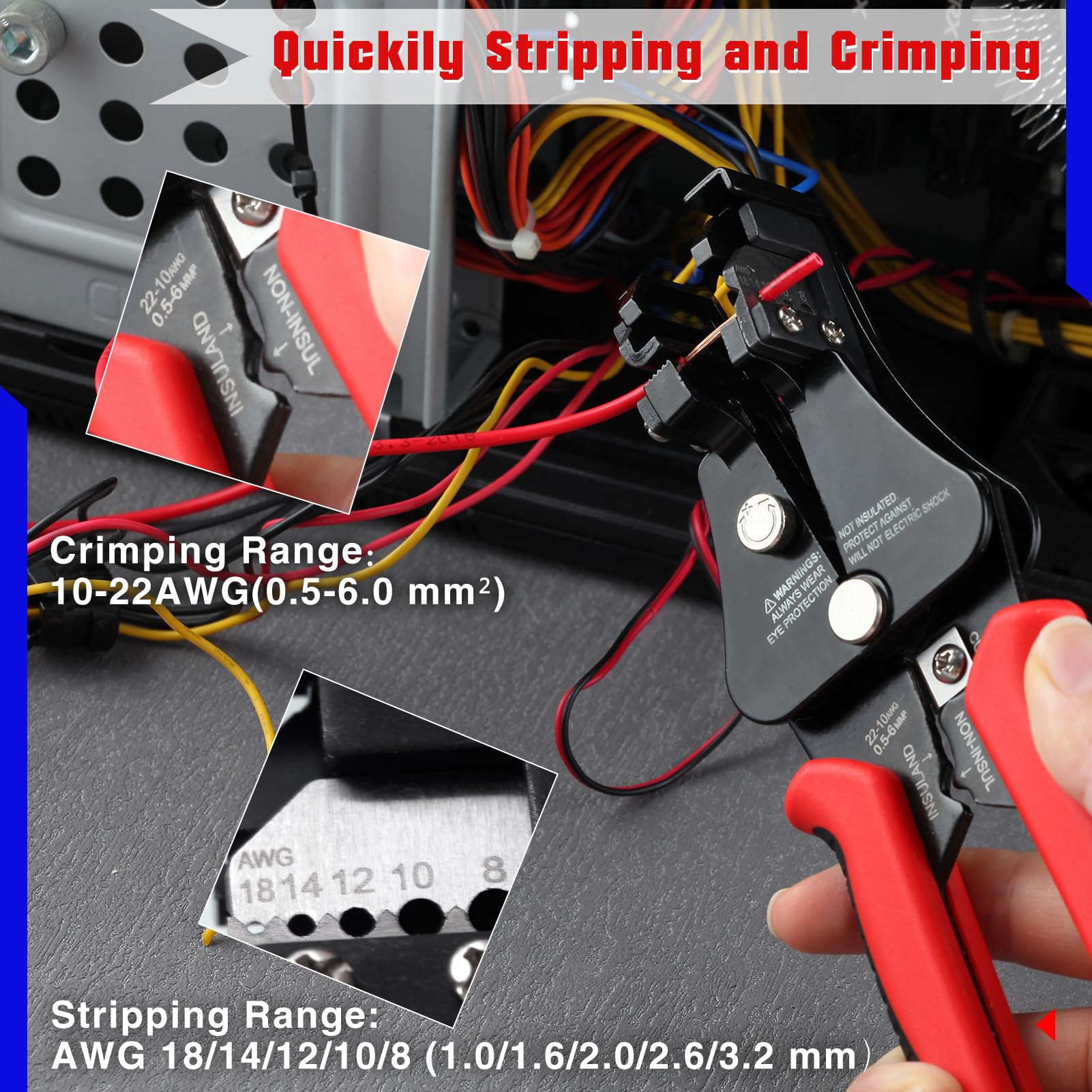 GOLD DEER Wire Stripper 3 in 1 Wire Stripping Cutting Crimping Tool 7-Inch Multifunctional Electrical Stripper Wire Stripping Tool Automatic Wire Stripper for 8-19AWG Solid with Lock Spring Loaded - Image 4