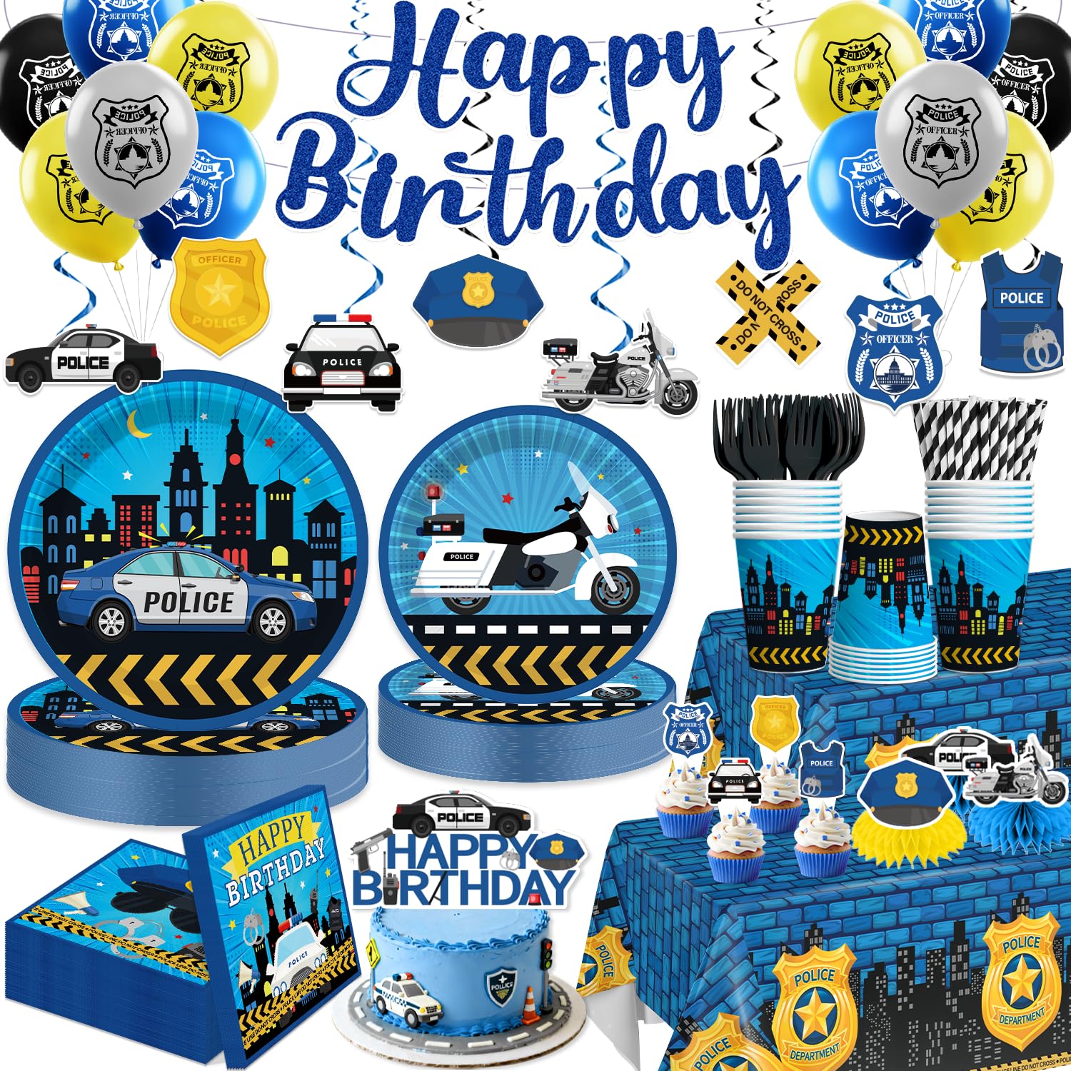 Photo 1 of Yingoto 189pcs Police Birthday Party Decorations Tableware Complete Set, Serves 25 Guests, Police Party Decorations Kit with Banner Plates, Napkins, Balloons, Tablecloths, for Police-Theme Birthday