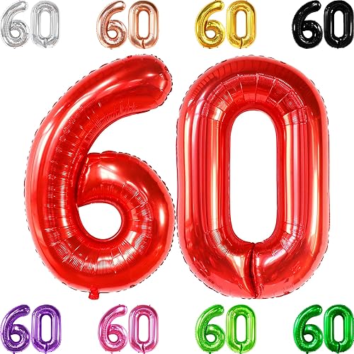 KatchOn, Globos rojos gigantes del número 60, 40 pulgadas, decoraciones de cumpleaños de 60 para mujer, globos de cumpleaños de 60 años para saludos