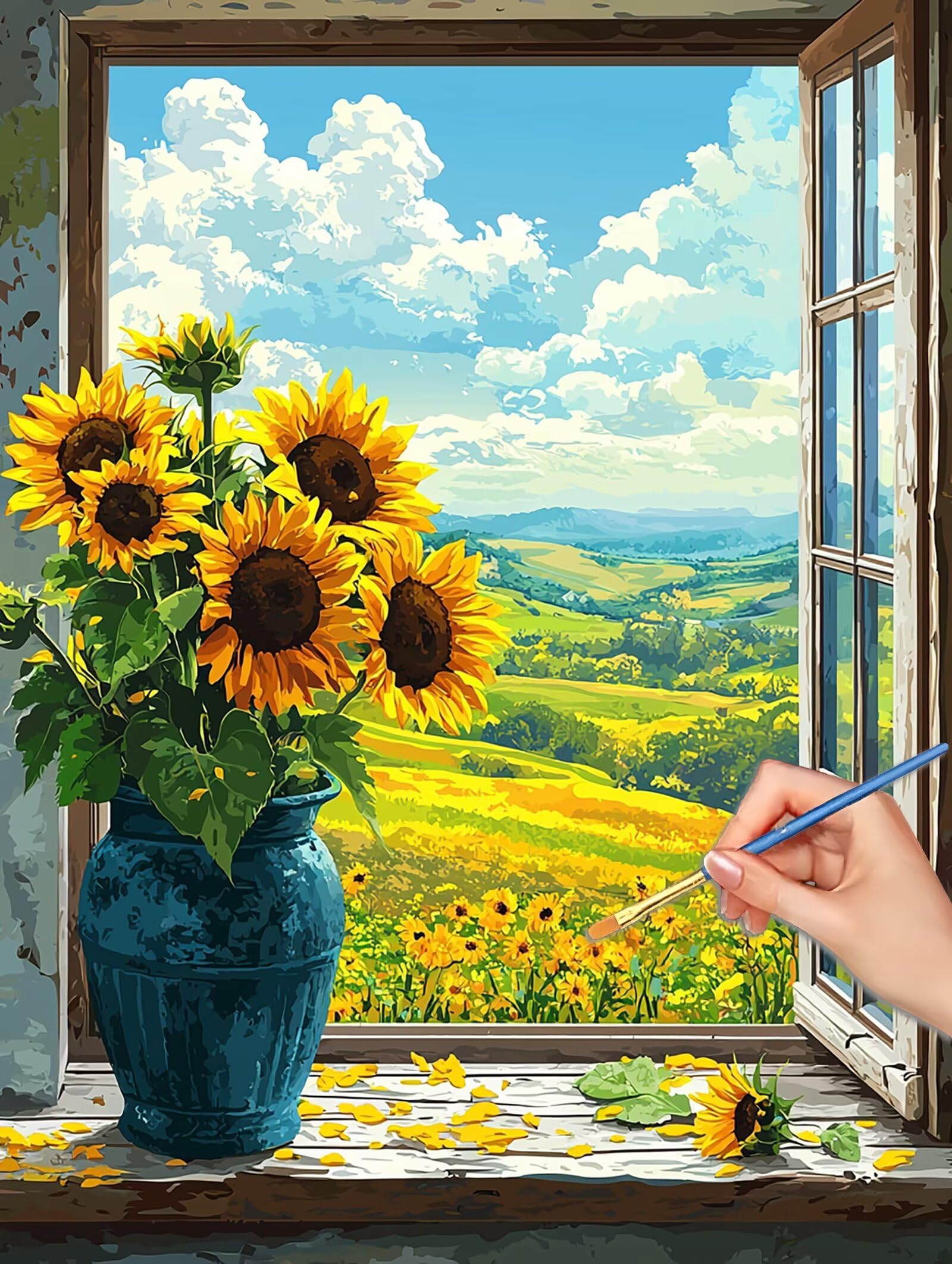 Malowanie według liczb dla dorosłych, 90 x 120 cm zestaw do malowania według numerów słonecznika dla dorosłych początkujących, Paint by Numbers z akrylowymi pędzlami pigmentowymi rysunkami, dekoracja