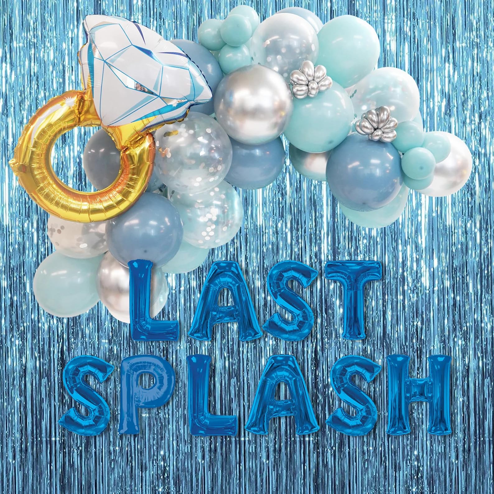 Last Splash - Kit de decoración para despedida de soltera, arco de guirnalda de globos plateados y azules con globos de letras de aluminio "Last Splash" y globo de anillo de diamante, suministros de