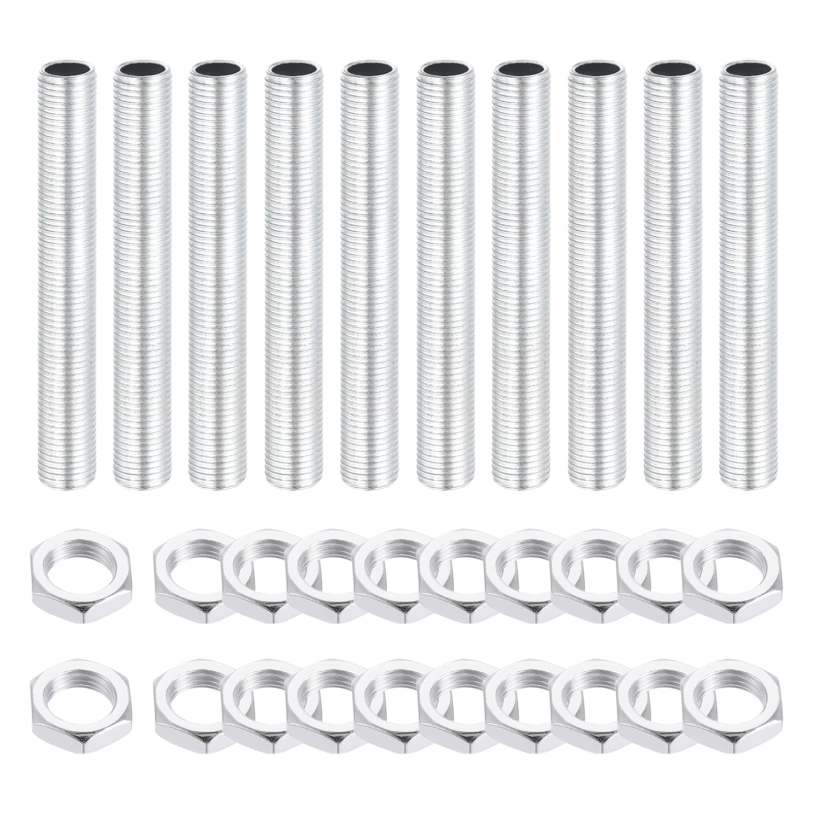 sourcing map 10Pcs 2.8" Lamp Pipe Nipples Kit with Lock Nuts, M10x1 Fine All Threaded Hollow Tube Lamp Repair Hardware Fasteners for Chandelier Ceiling Lamps Assembly DIY, White Zinc