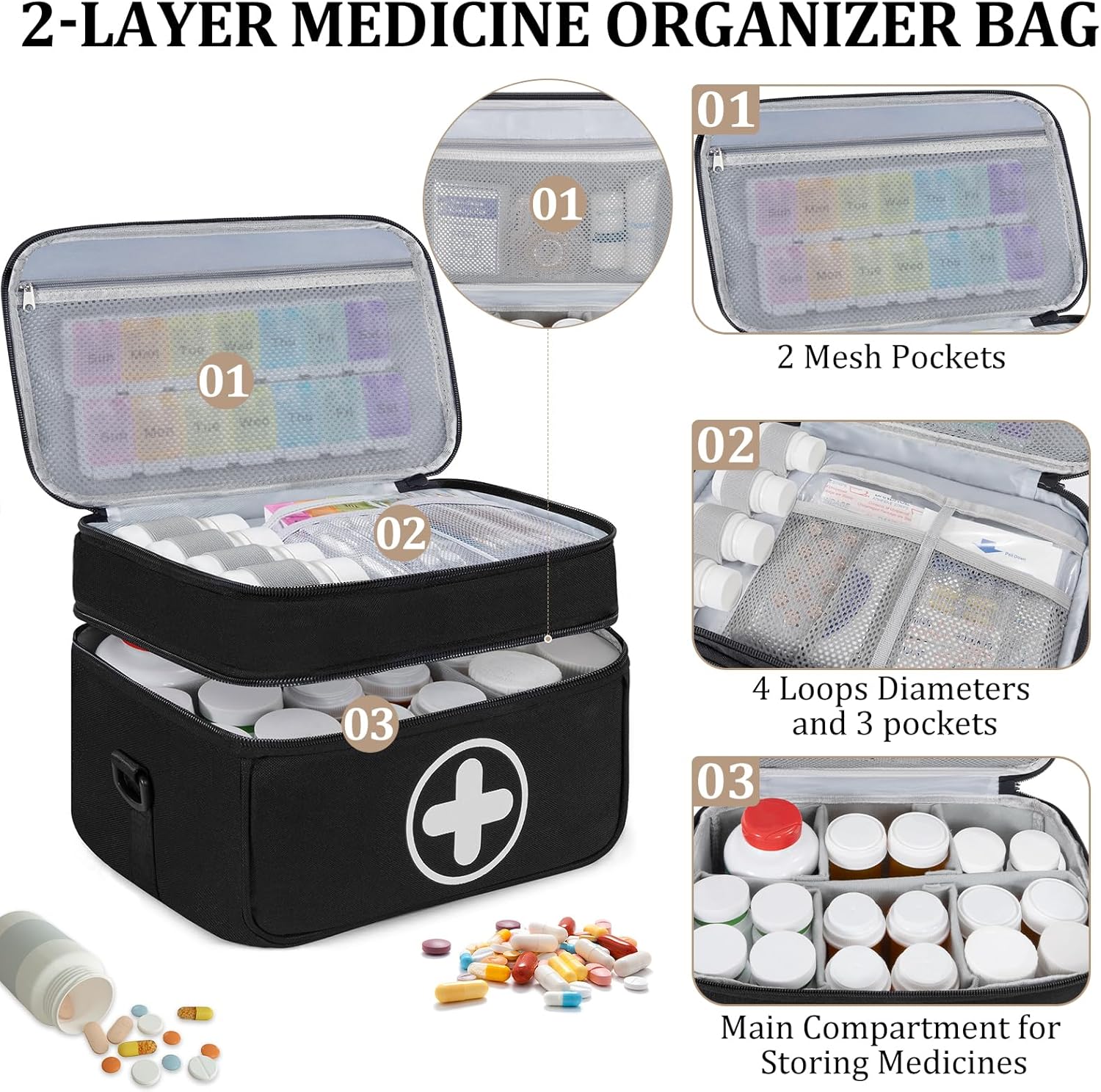 Medicine Organizer Bag, 2 Layer Pill Bottle Organizer Storage Bag Empty, Lockable Medicine Travel Bag with Adjustable Divider, Suitable for Pills, Vitamins, Fish Oil,Medical Supplies
