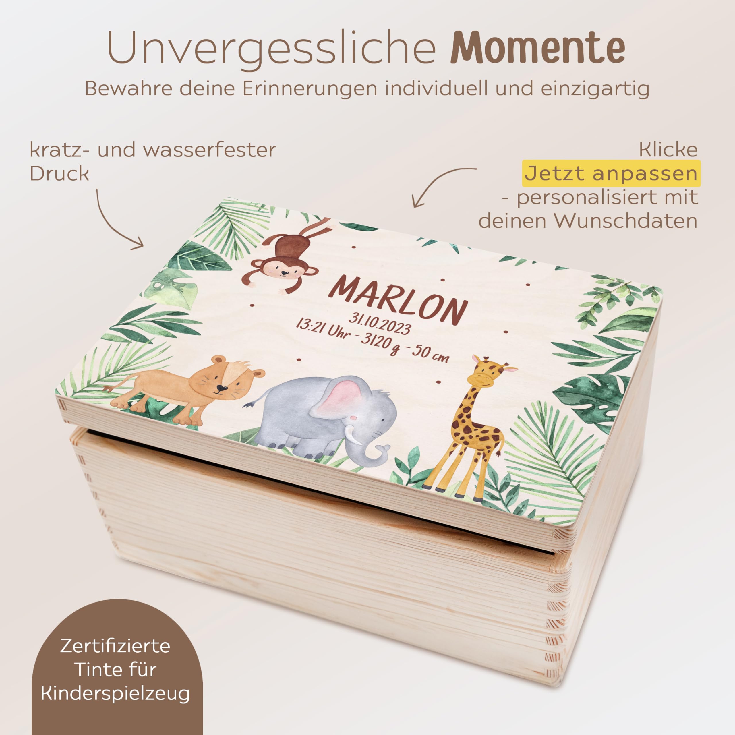wunderwunsch - Personalisierte Erinnerungsbox Baby mit Hochwertigem Druck - Individuelle Erinnerungsbox - Niedliche Erinnerungskiste aus Holz - Geschenk zur Geburt (Tiere Dschungel, M-Klappdeckel)
