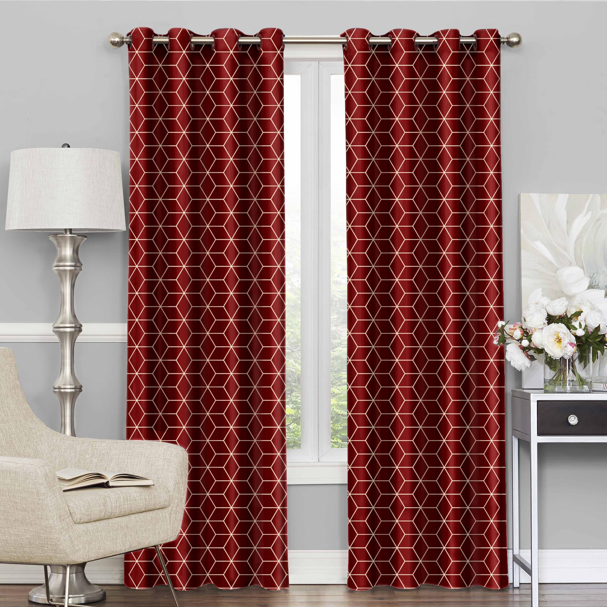 Story@Home Blackout Foil Long Door Curtains 9 Feet Set of 2 Room Darkening Curtain Hexagon Print Opaque Room Darkening Curtain for Living Rooms, Bedrooms, Halls, 116 x 275 cm, Maroon, 100% Opacity