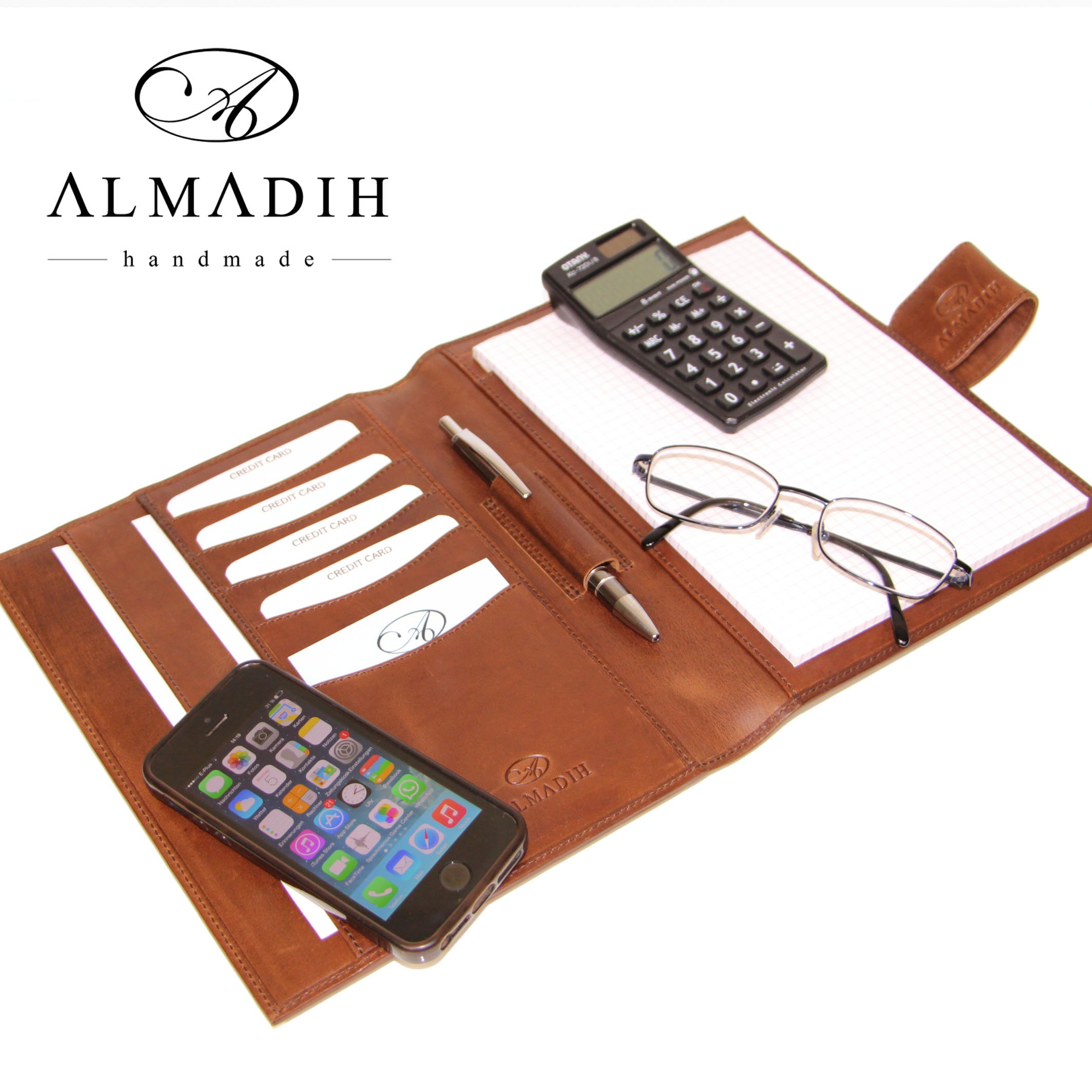 ALMADIH Leather A5 Writing Case Premium Cow Leather brown deluxe Writing Pad Personal Organiser Conference Folder System Planner Portfolio Folio Workbook Datebook Schedule Diary Organizer Sleeve Document CV - Image 2