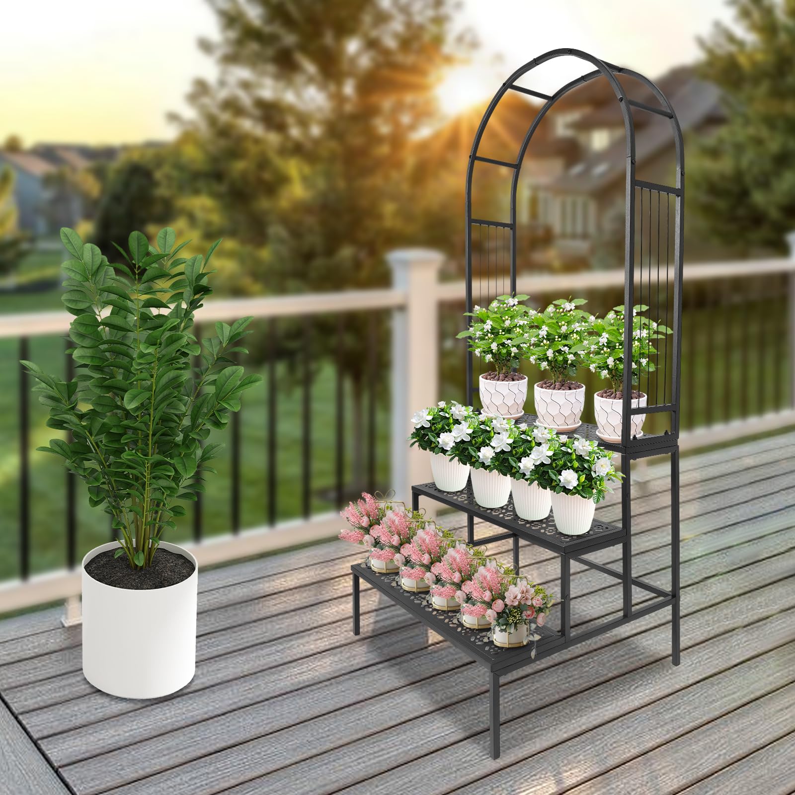 Blumenregal 3 Etagen Pflanzenregal mit Rankbogen Metall Blumenständer 165cm großes Pflanzenständer Pflanzgefäßhalter Pflanzentreppe für Indoor Outdoor Balkon Garten