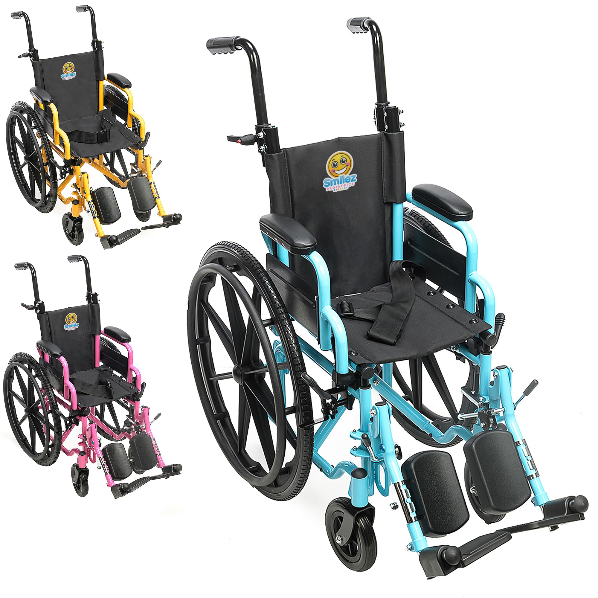 customize your pediatric wheelchair - 12" or 14" foldable narrow wheelchair for kids - fun colors, cushion, seat belt, anti tippers, padded arm and leg rests, height adjustable push handles