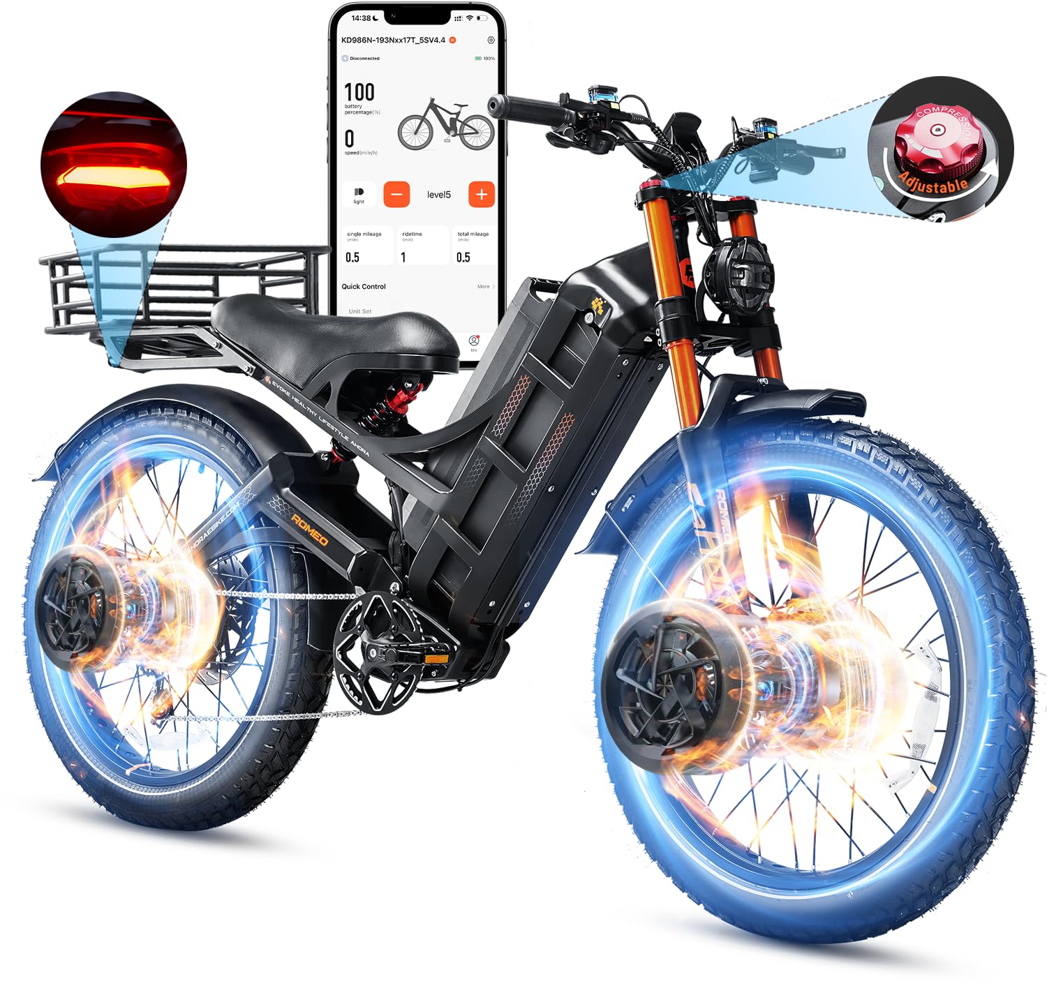 eAhora2025 Romeo Pro 3/ Pro 2 5000W/ 4000W 46-50MPH Dual Motor Electric Bike for Adults, 80/70Ah/200+ Miles Long Range Electric Bike, 26'' Puncture-Proof Tire, 7-Speed Pedal Assist UL Certificate
