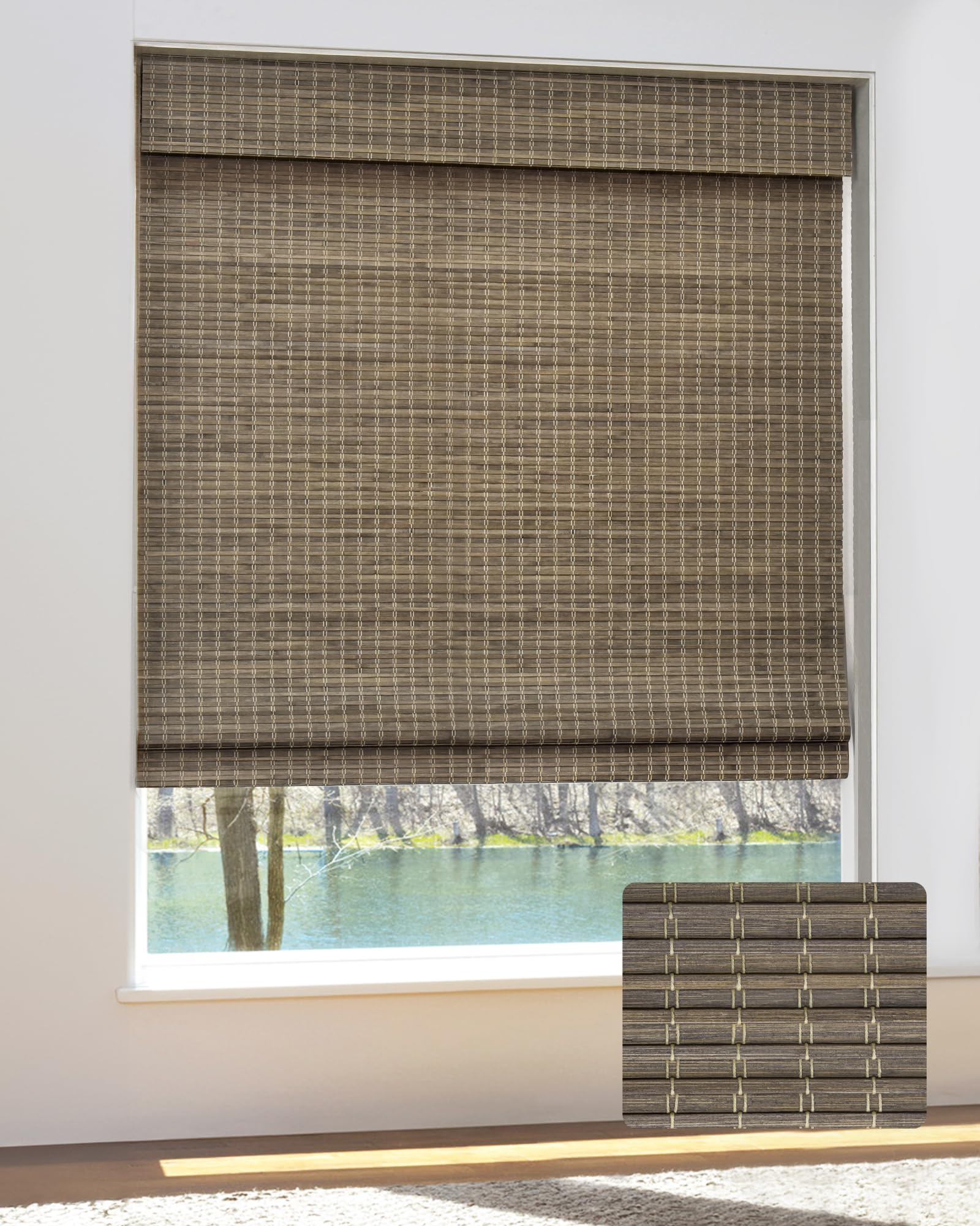 Cordless Bamboo Roman Shades for Windows, Blinds Size (28 1/2" W × 64" H) Colour (BDP-Driftwood) Fits Windows (28 3/4" W × 64" H)