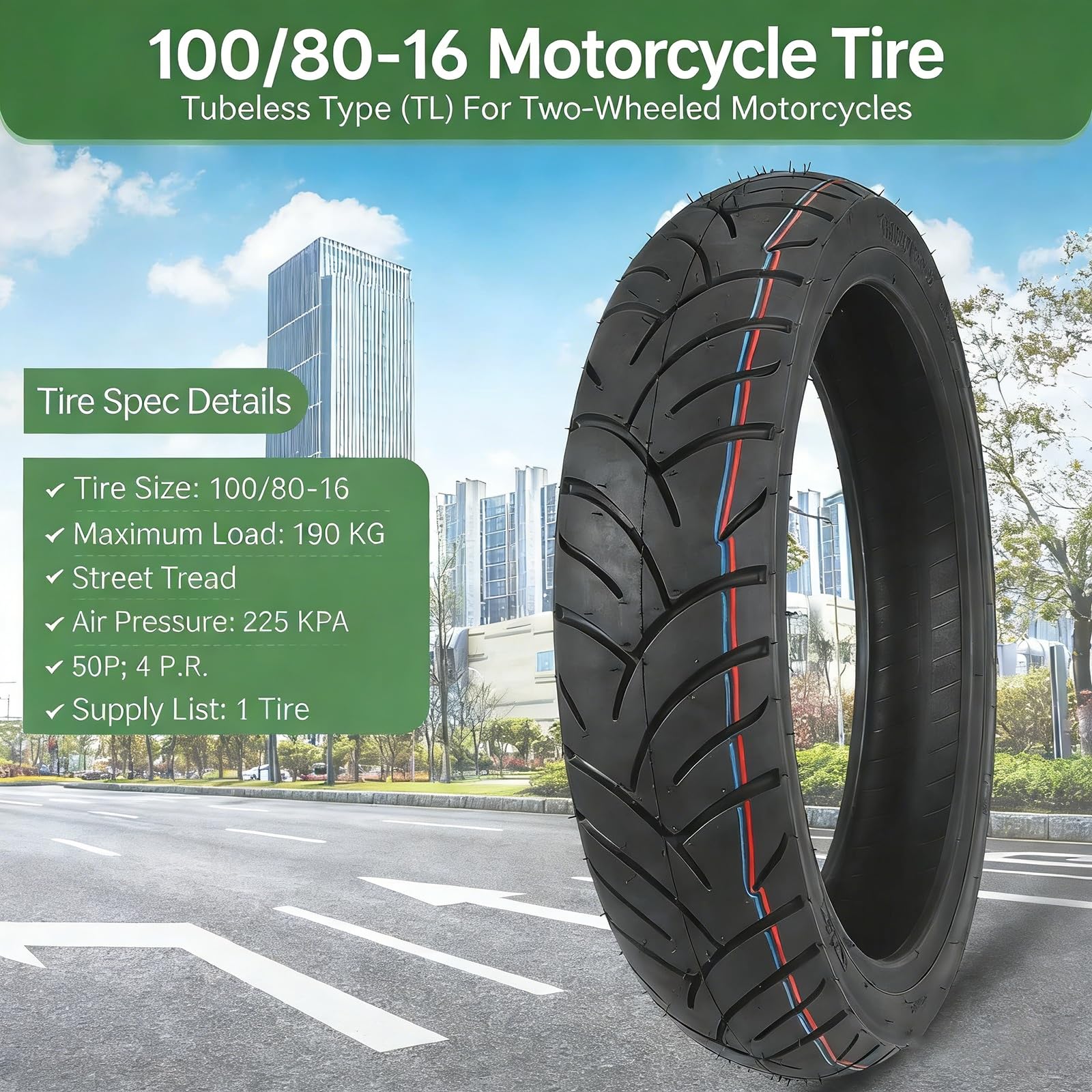 100/80-16 Opona Motocyklowa Bez Wewnętrznego, 4P.R. 225kPa, Odporna na Przebicia i Znaczną Eksploatację, Do Przedniego i Tylnego Koła, Niska Oporność Toczna dla Skuterów i Ulic