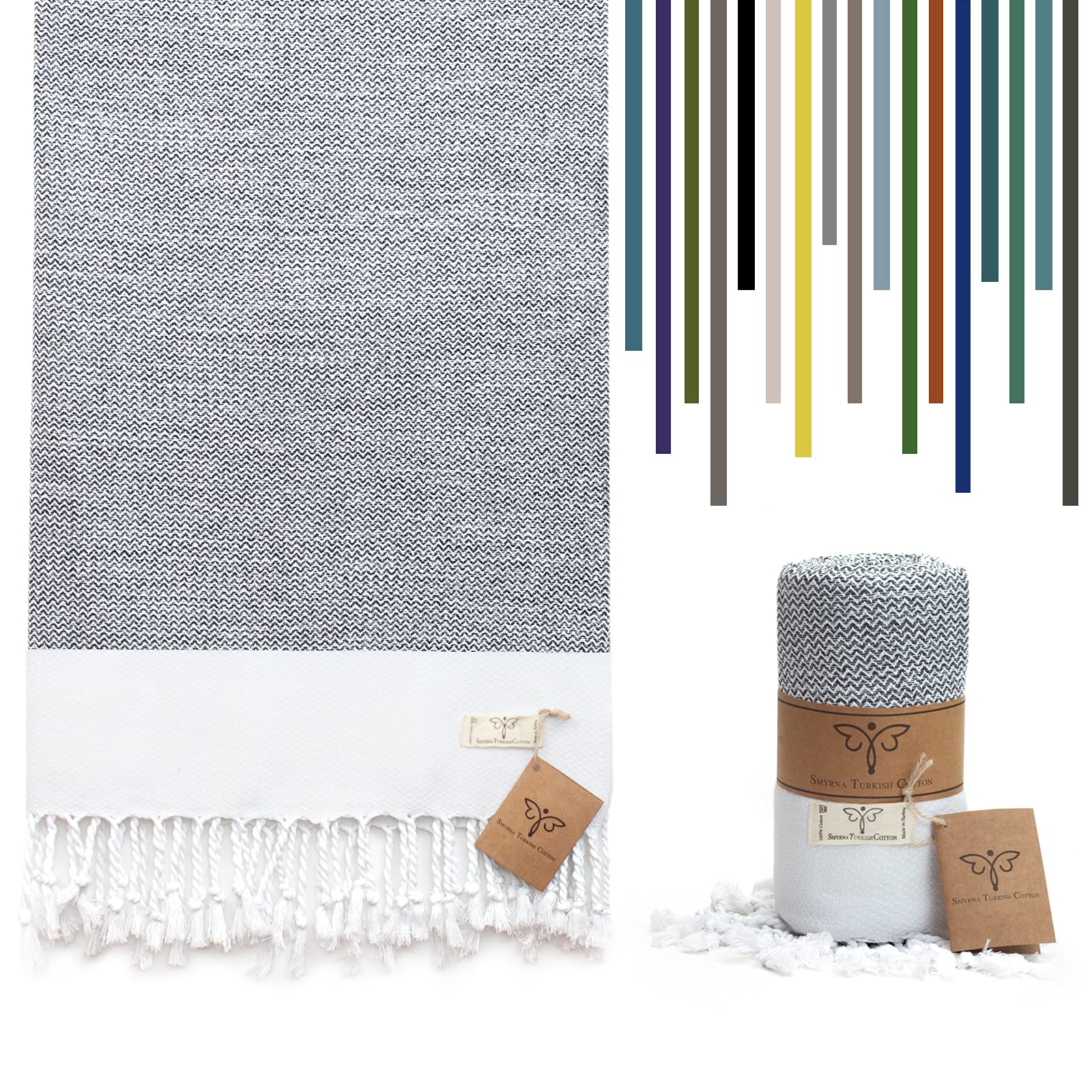 Smyrna Orientina Series Original Turkish Beach Towel | 100% Cotton, Prewashed, 37 x 71 Inches | Peshtemal and Turkish Bath Towel for SPA, Beach, Pool, Gym and Bathroom (Dark Gray)