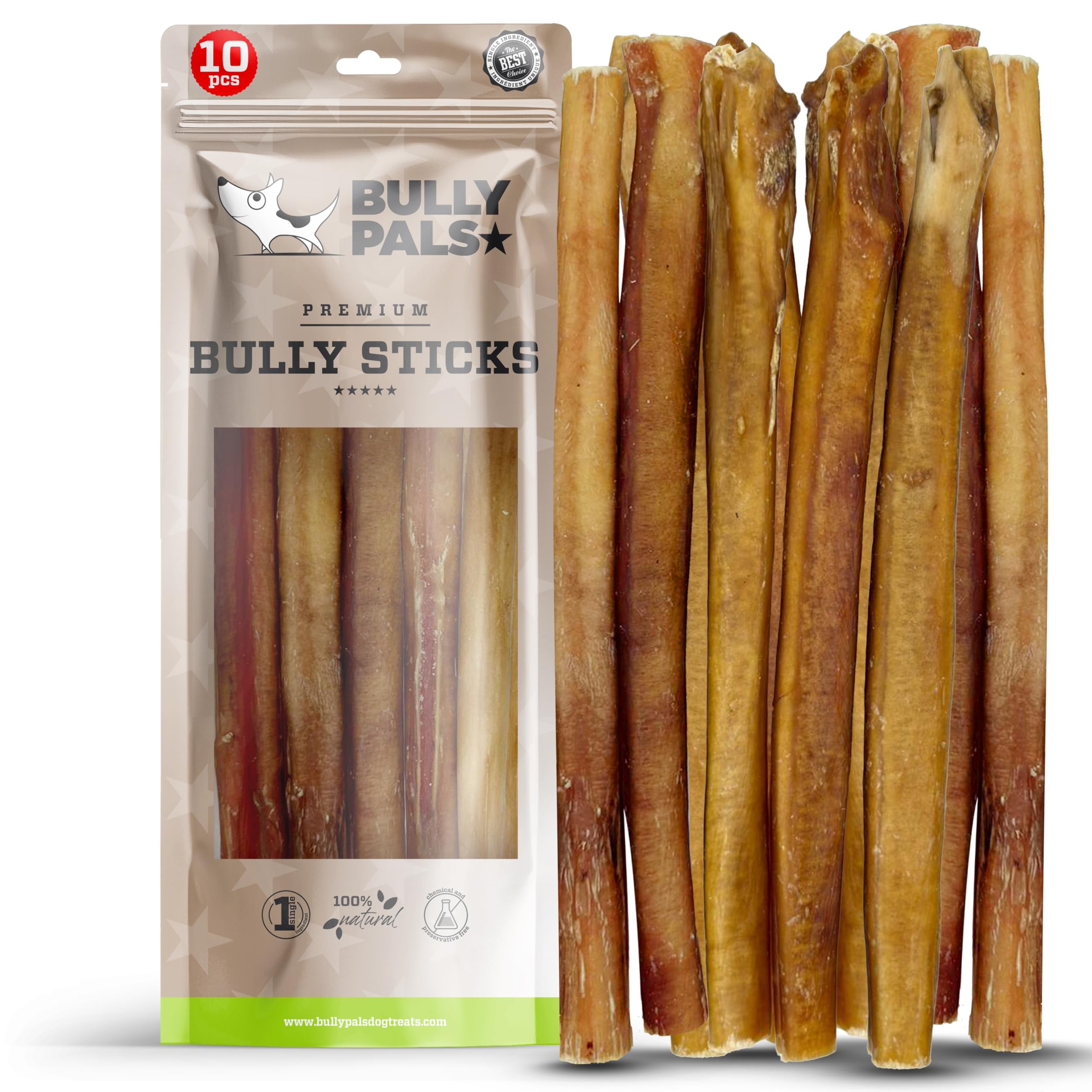 BULLY PALS - 12" Jumbo Bully Sticks - av 75 gr Each! - 10 Pack - Long Lasting, All Natural, Single Ingredient, Dehydrated Dog Treats and Dental Chews