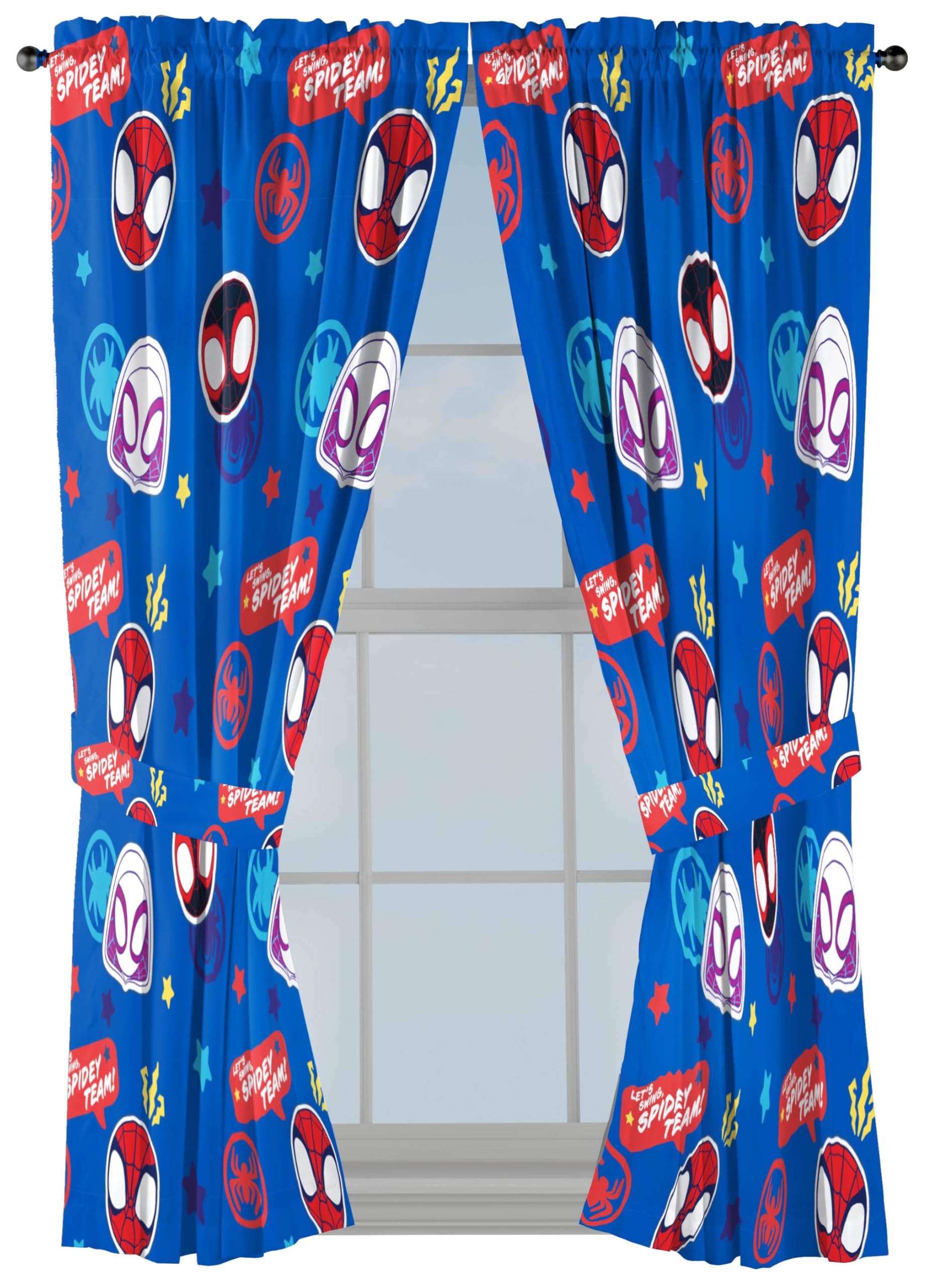 Jay Franco Window Curtains for Kids Bedroom 4-Piece Drape Set with 2 Tiebacks, Blue - Spidey & His Amazing Friends, 42" W x 63" L (Pack of 2)