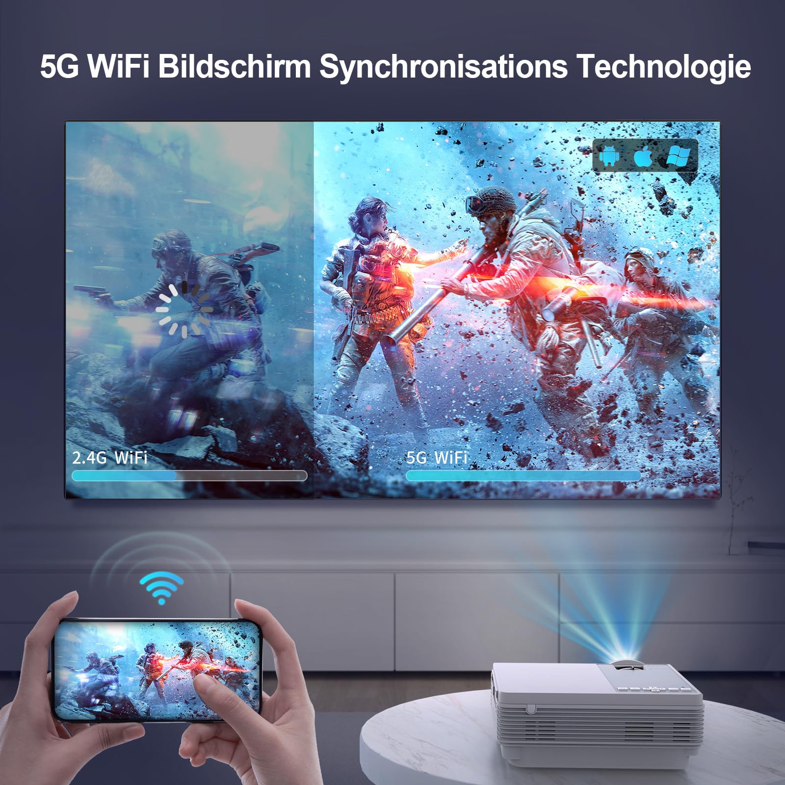 Projecteur Staratlas Full HD 1080P 12000L - WiFi 5G, Bluetooth, 30-300", Correction Trapézoïdale 4D - Home Cinéma, Gaming, Fêtes