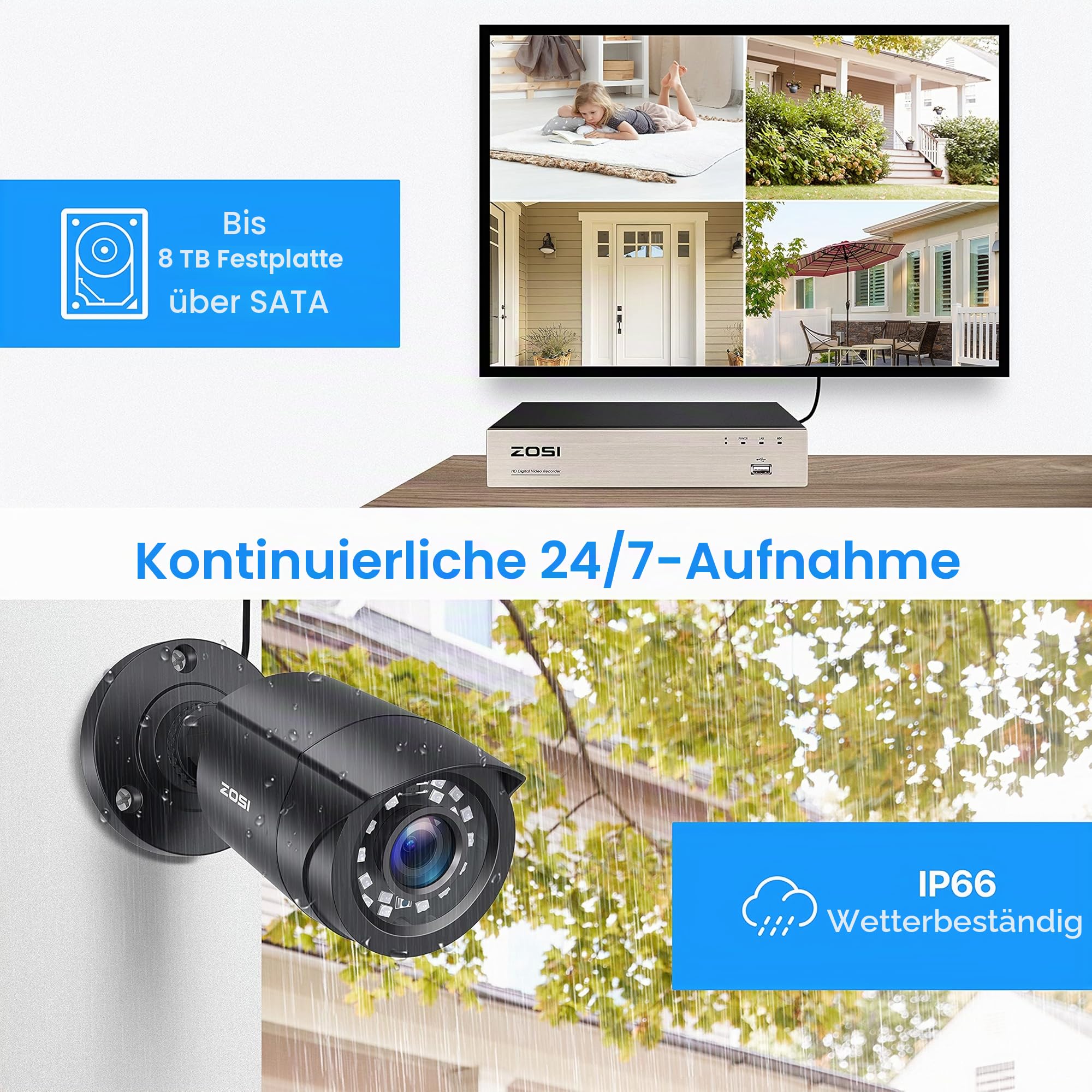 ZOSI 4 Stück 2MP 1080P Outdoor Video Überwachungskamera Set mit Netzteil und Videokabel, 1080P TVI HD BNC Ausgang, Für Ihnen und Außen, Zusatzkamera Set für CCTV DVR System | Objektiv 3,6 mm, Blickwinkel 90 °, Nachtsicht, 24 m, wasserdicht, IP66, für Vide