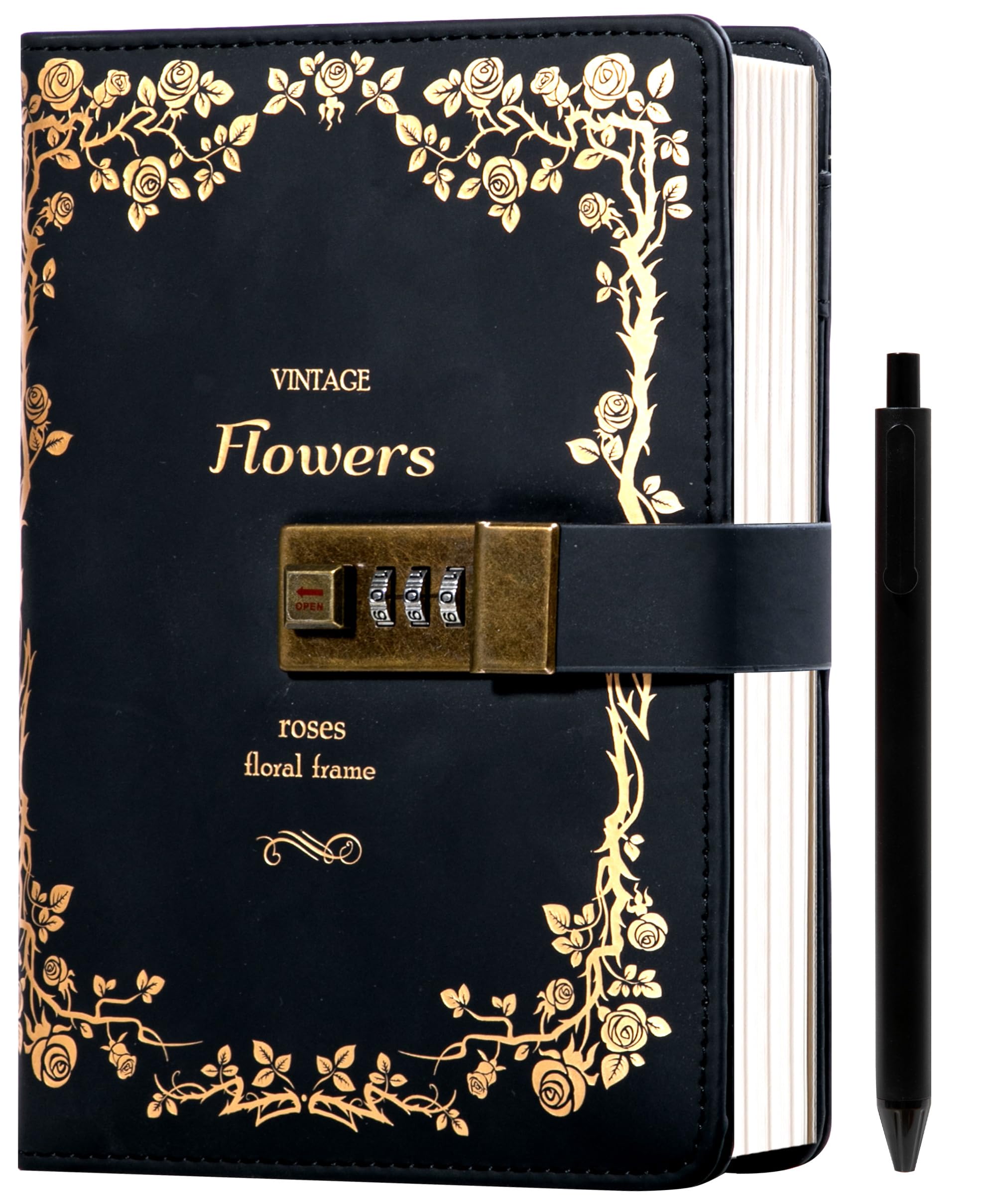 CAGIE Tagebuch mit Schloss für Frauen und Mädchen, nachfüllbares Schloss-Tagebuch mit Stift, Vintage-Heißfolien-geprägtes Design, Verriegelungs-Tagebuch für Geschenke, Reisen, 14 x 20,3 cm, Schwarz