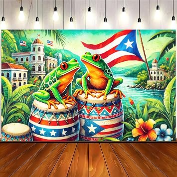 BlissYard Puerto Rico Banner 71 x 43 Inches Tropical Frog Drum Flag Backdrop Puerto Rican Festival Party Decoration Caribbean Culture Wall Hanging for Fiesta Parade Home Outdoor Decor