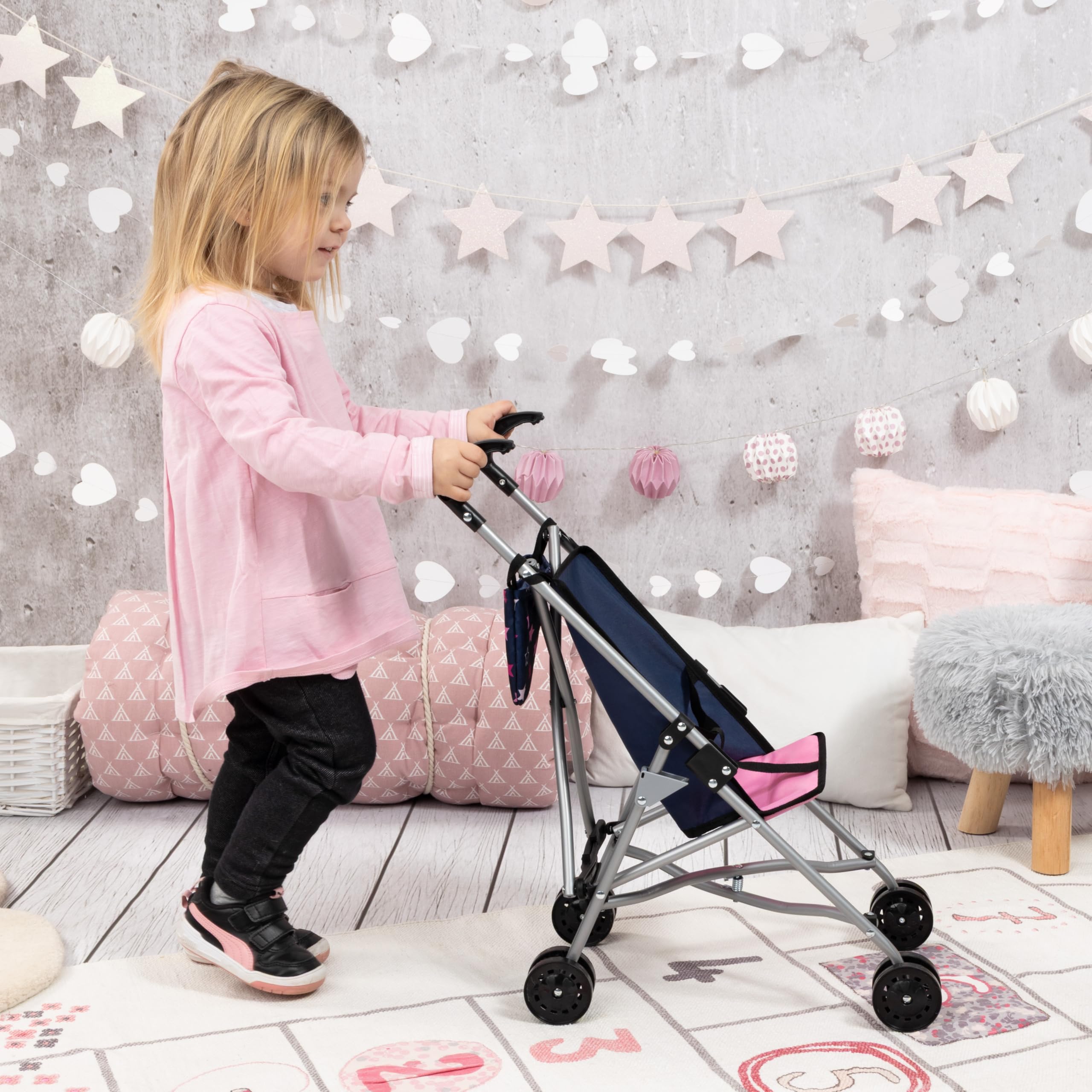 Bayer Design 30516AB Silla de Paseo para muñecas con Bolsa, Plegable, cinturón de Seguridad Integrado, Ruedas Dobles