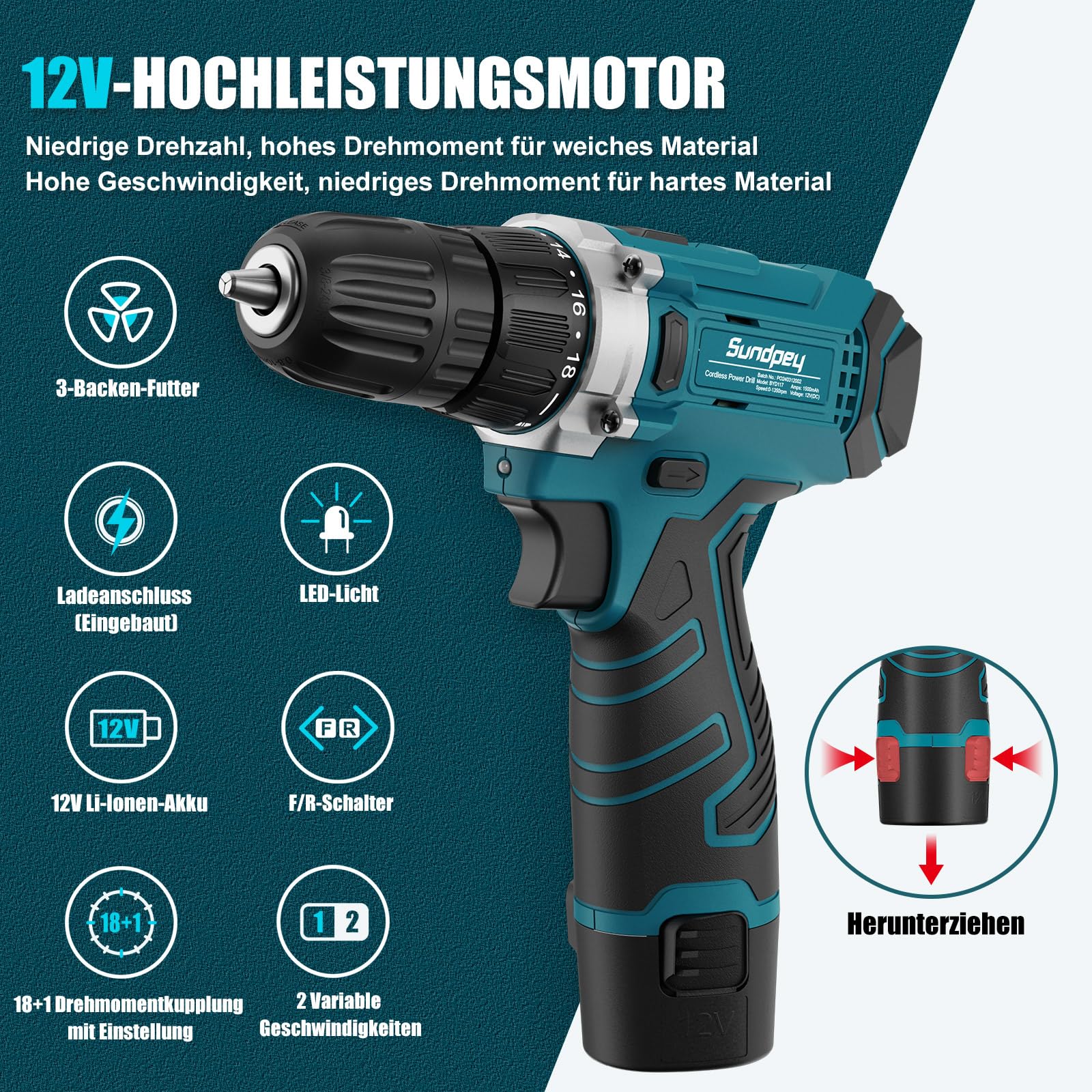 Sundpey Werkzeugkoffer Gefüllt 206tlg, Werkzeugkoffer mit 12V Akkuschrauber zum Anziehen/Lösen von Schrauben, Haushalts-Werkzeugkasten Werkzeugset für Reparaturen im Haushalt und Heimwerken, Blu