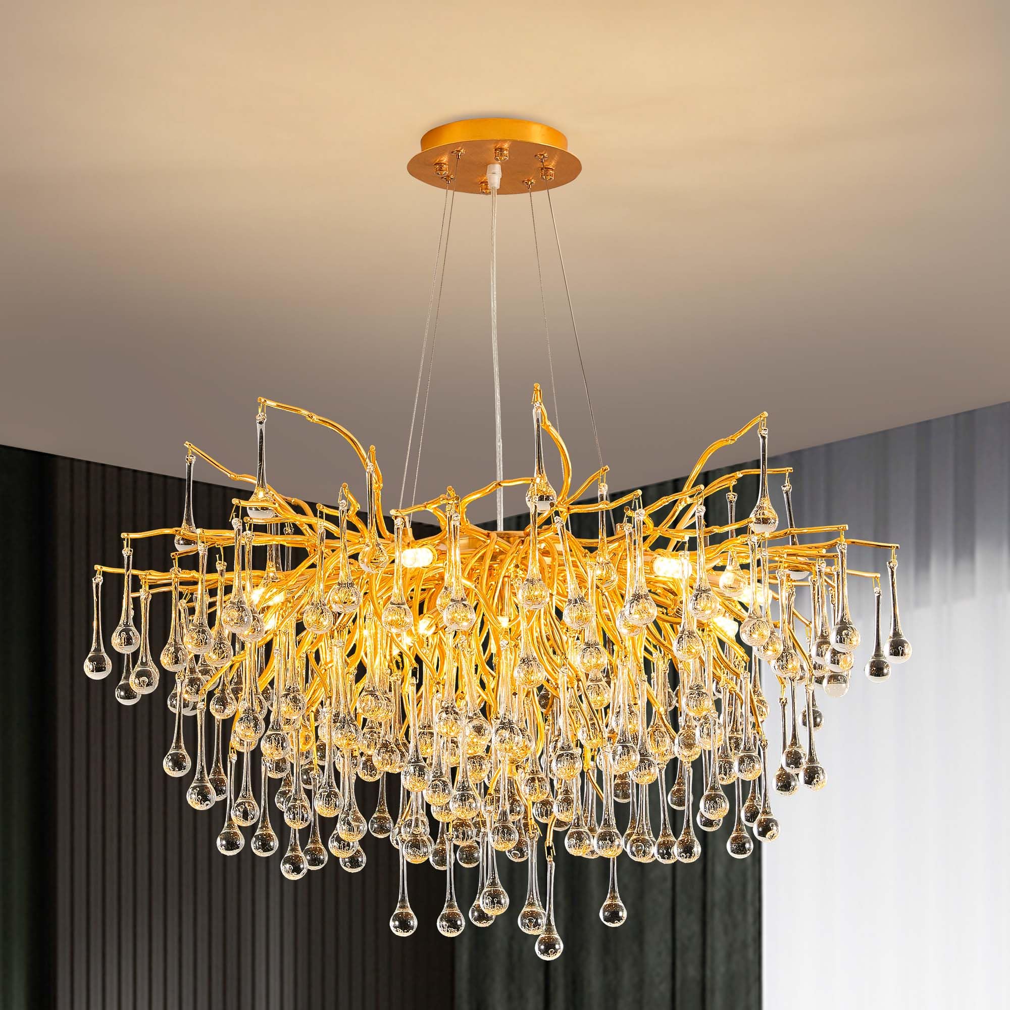 Upfelw Modern Crystal Raindrop Chandelier, Gold Round Art Deco Tree Branch Lighting Fixture for Dining Room Living Room Foyer 13 Lights D31.5''