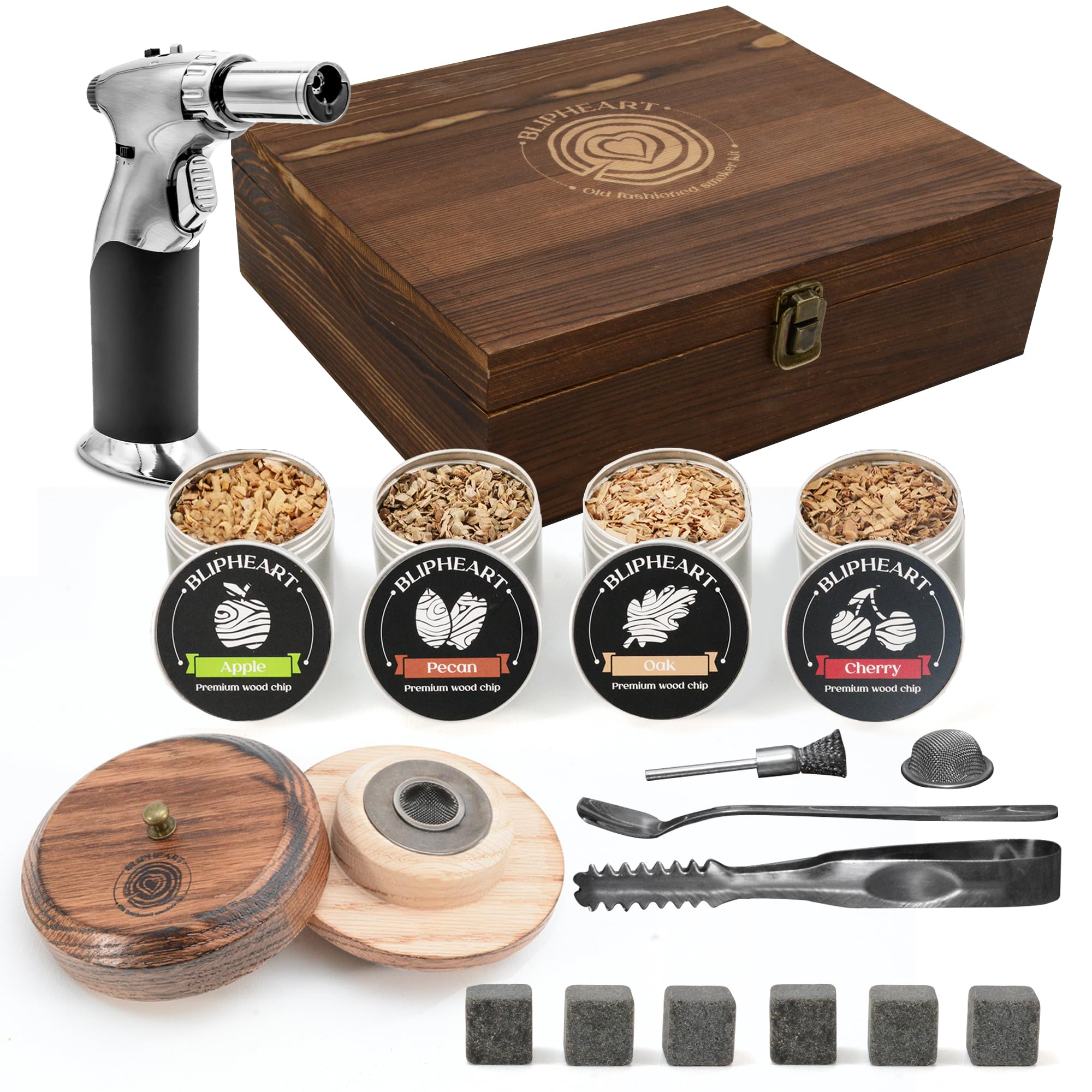 Cocktail Smoker Kit with Torch and 4 Flavours Wood Chips, Bourbon - Whiskey Smoker Kit, Old Fashioned Drink Smoker Kit, Whiskey Gift for Man, Boyfriend Husband and Dad (No Butane)