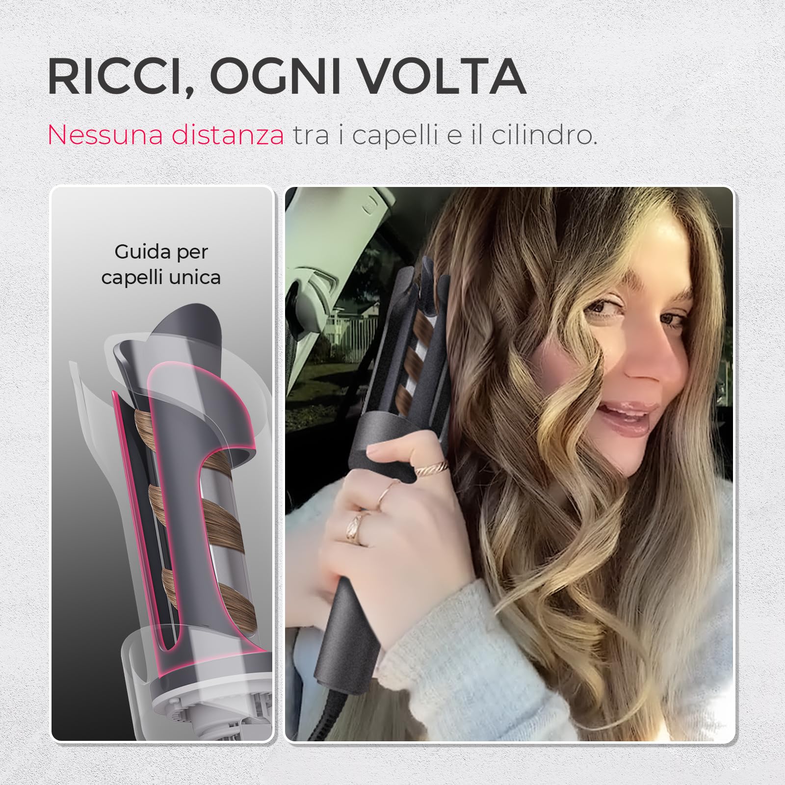 TYMO CURLPRO Arricciacapelli Automatico per Grandi Ricci -Ferro Capelli Rotante Automatico 25mm, 160-210℃, Anti-scottatura Beach Waves Piastra Boccoli per Capelli, 500M Ioni Negativi, Grigio Metallico