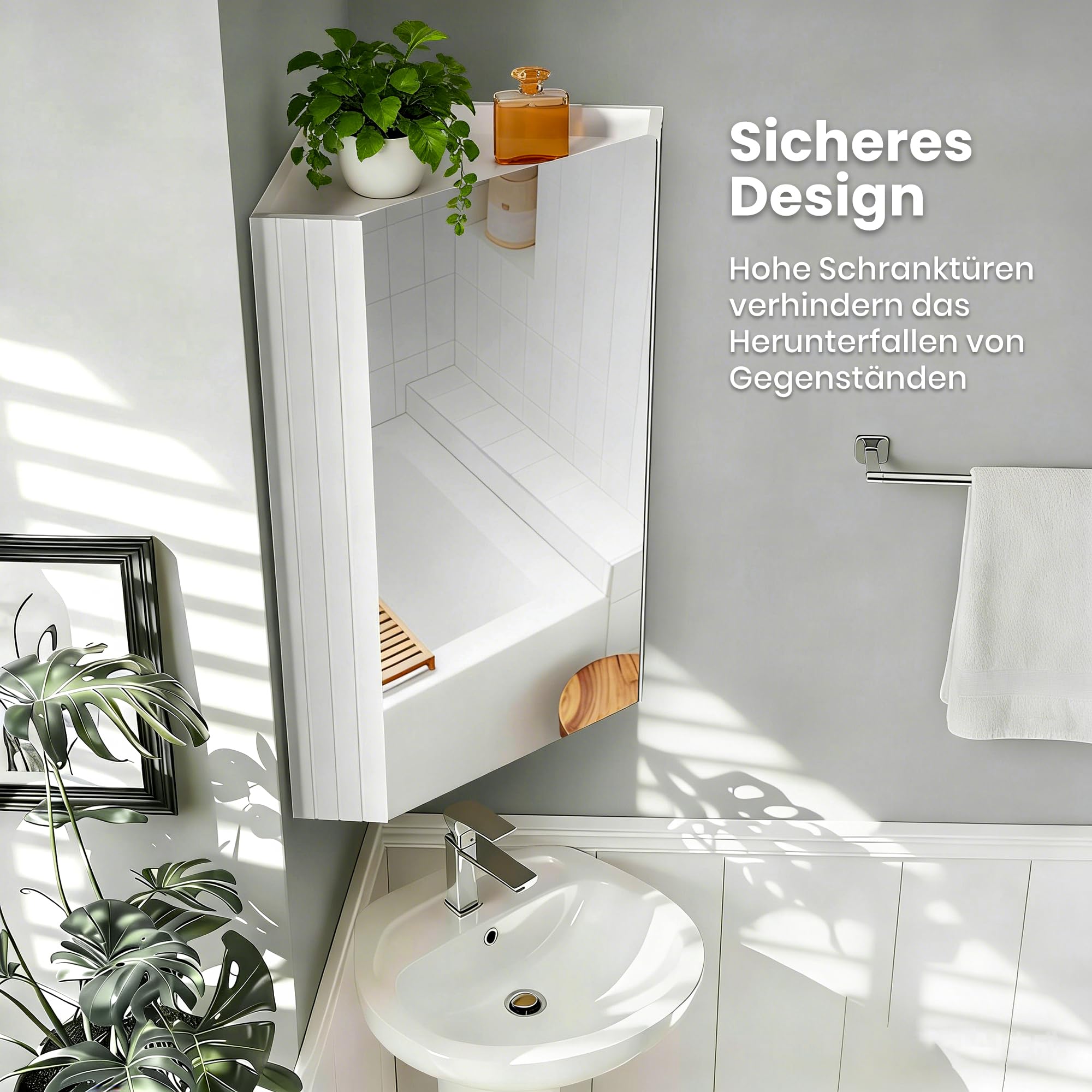 Pamapic Spiegelschrank Bad, Badezimmer Spiegelschrank mit Verstellbaren Ablagen, Eckschrank Bad, Hängeschrank Badezimmer, Schrank mit Badezimmerspiegel, Wandschrank, 32 x 32 x 65 cm, Weiß