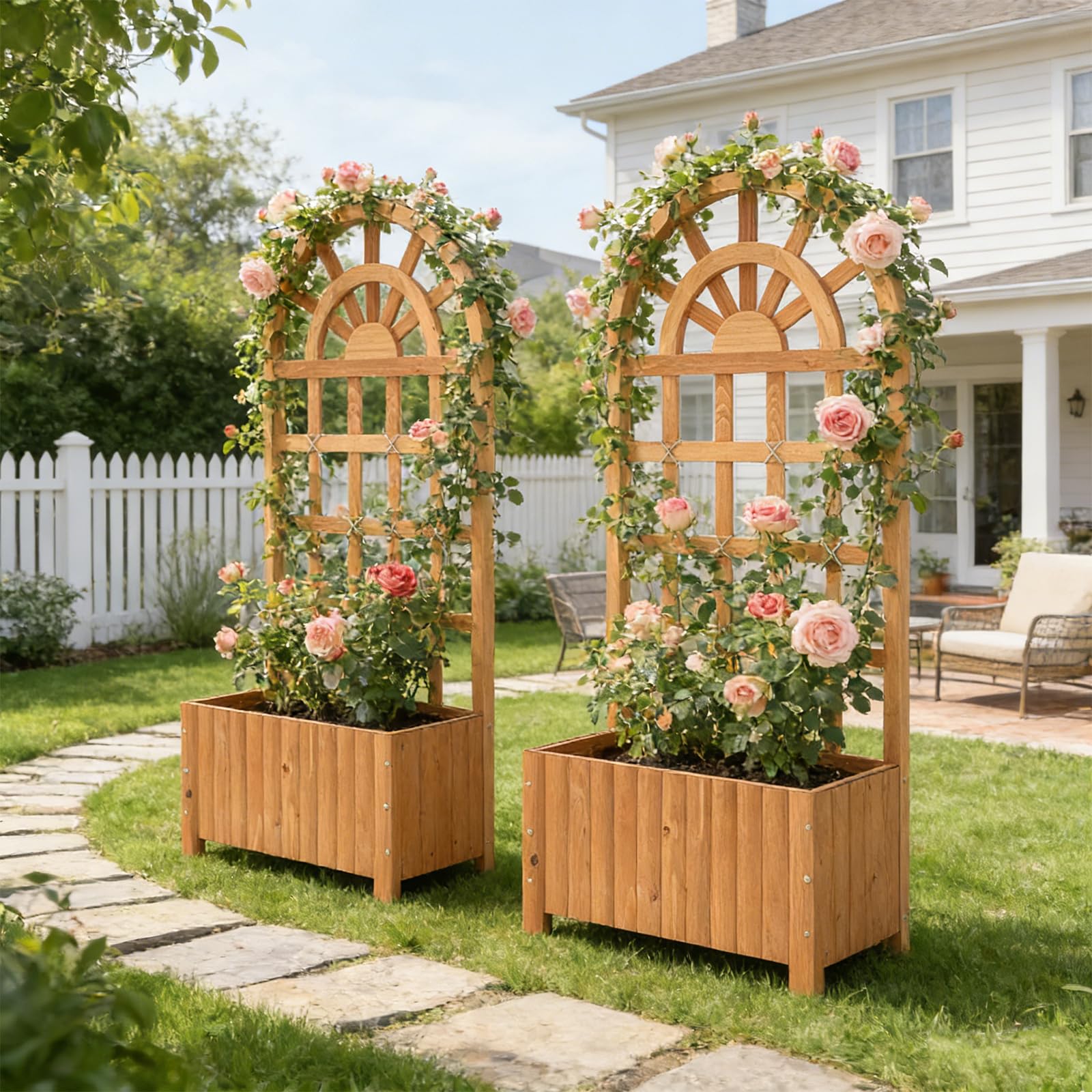 HOMASIS Jardinière avec Treillis en Bois, Carré Potager Jardinière Brise-Vue avec Trou Drainage, Lit Surélevé de Jardin, pour Plante Grimpante Vigne, Intérieur et Extérieur (Marron, 61 x 30 x 121 cm)