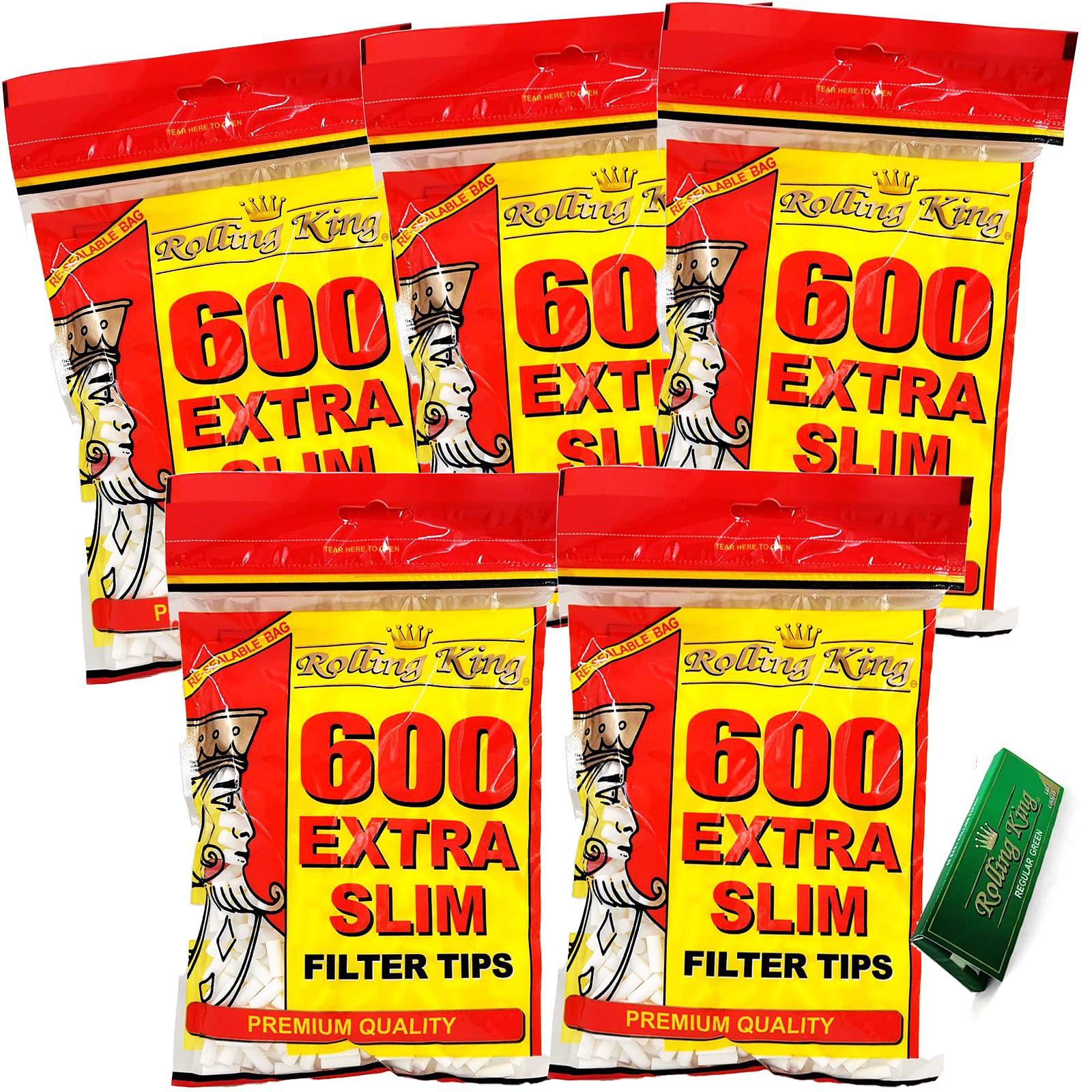 3000 Rolling King Extra Slim Filter Tips - 5 Resealable Bags of 600 Premium Quality Smoking Filters + 1 Free Booklet of Green Rolling Papers