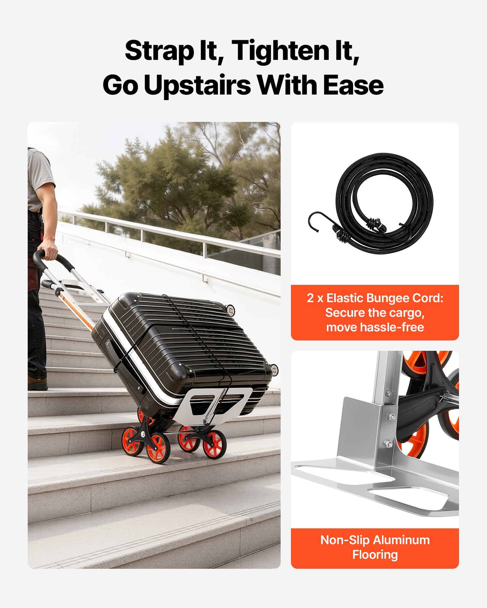 VEVOR Carrello Saliscale Capacità di Salita Scale 150 kg, Carrello Pieghevole in Lega di Alluminio con Maniglia Telescopica, 6 Ruote e 2 Corde Elastiche, per Casa, Generi Alimentari, Magazzino