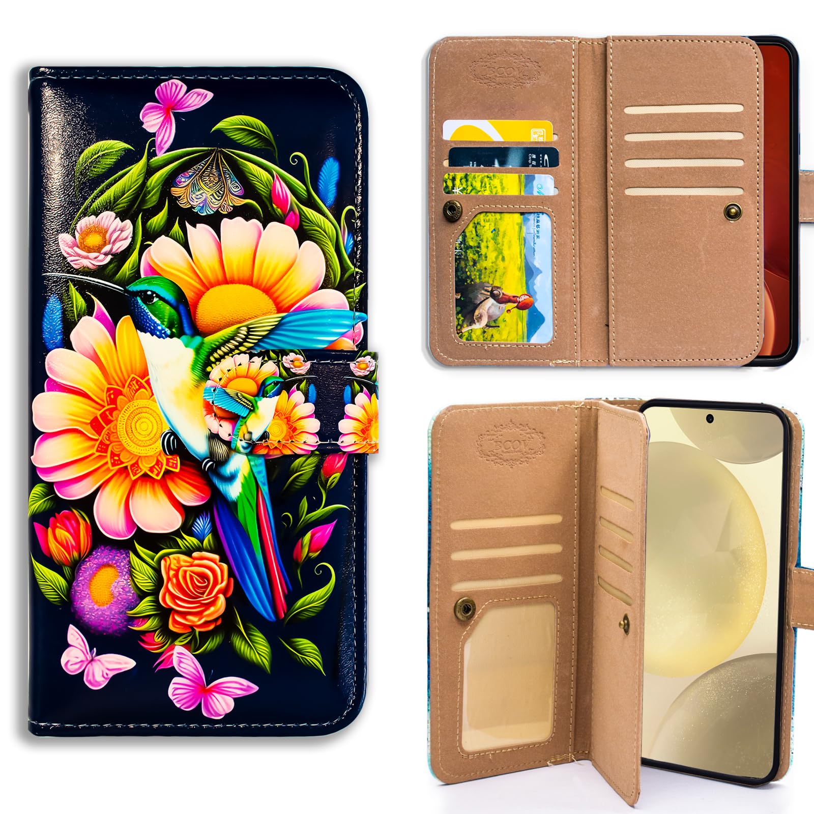 Bcov Case for Samsung Galaxy S25 Ultra,Hummingbird Butterfly Flowers Multifunction Leather Phone Case Wallet Flip Cover with Multi Card Slots Pocket