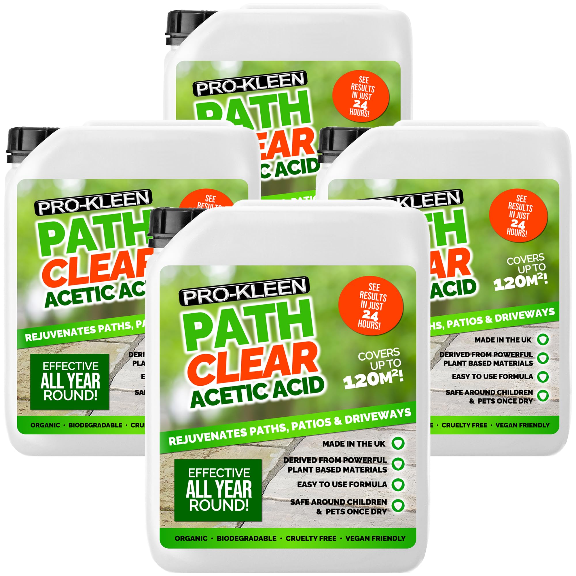 Pro-Kleen Path Cleaner Acetic Acid Concentrated 30% - Glyphosate Free - See Results In Hours, Double Strength - Eco-Friendly, Organic, Children and Pet Safe Once Dry (4 x 5 Litres)