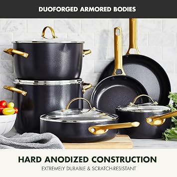 GreenPan Hard Anodized Healthy Ceramic Nonstick 10 Piece Cookware Pots and Pans Set, Gold-Tone Stainless Steel Handles, PFAS-Free, Dishwasher Safe, Oven & Broiler Safe, Black