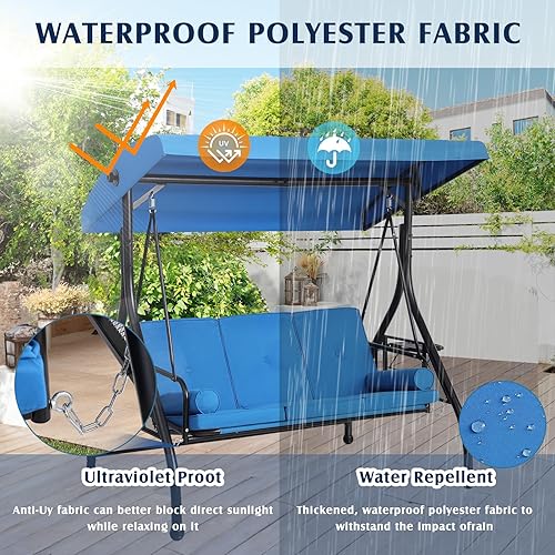 Miniatura 5 de Grepatio Columpio de porche al aire libre con toldo y soporte, columpio de patio para 3 personas para adultos, columpio convertible 2 en 1 con