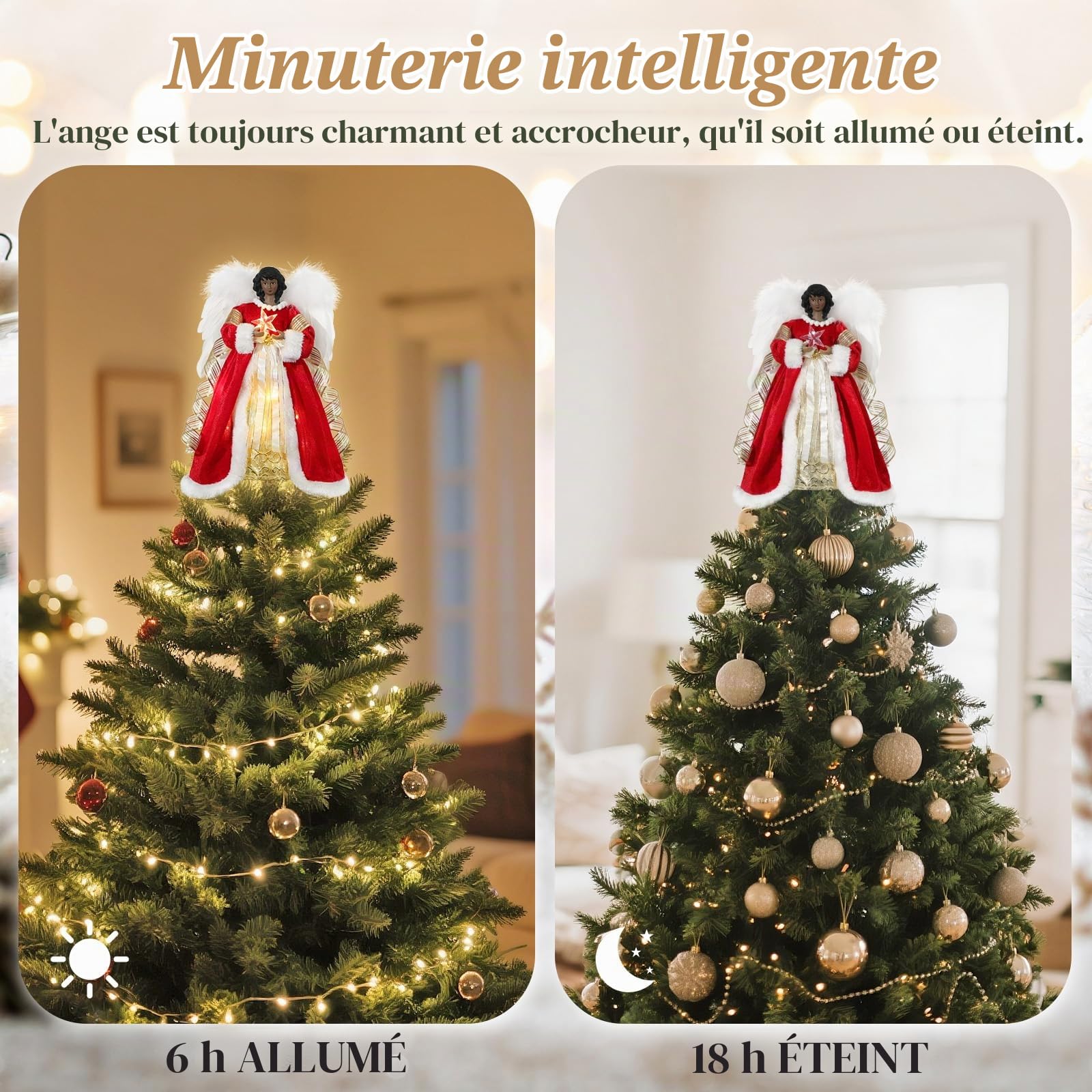 Lewondr Ange Noir de la Cime du Sapin de Noël, 12" Cimier d'Arbre de Noël Ange avec 8 Modes de Lumière, Figurine d'Ange avec Aile, Décoration de l'Arbre de Noël avec Minuterie 6H pour la Maison, Rouge