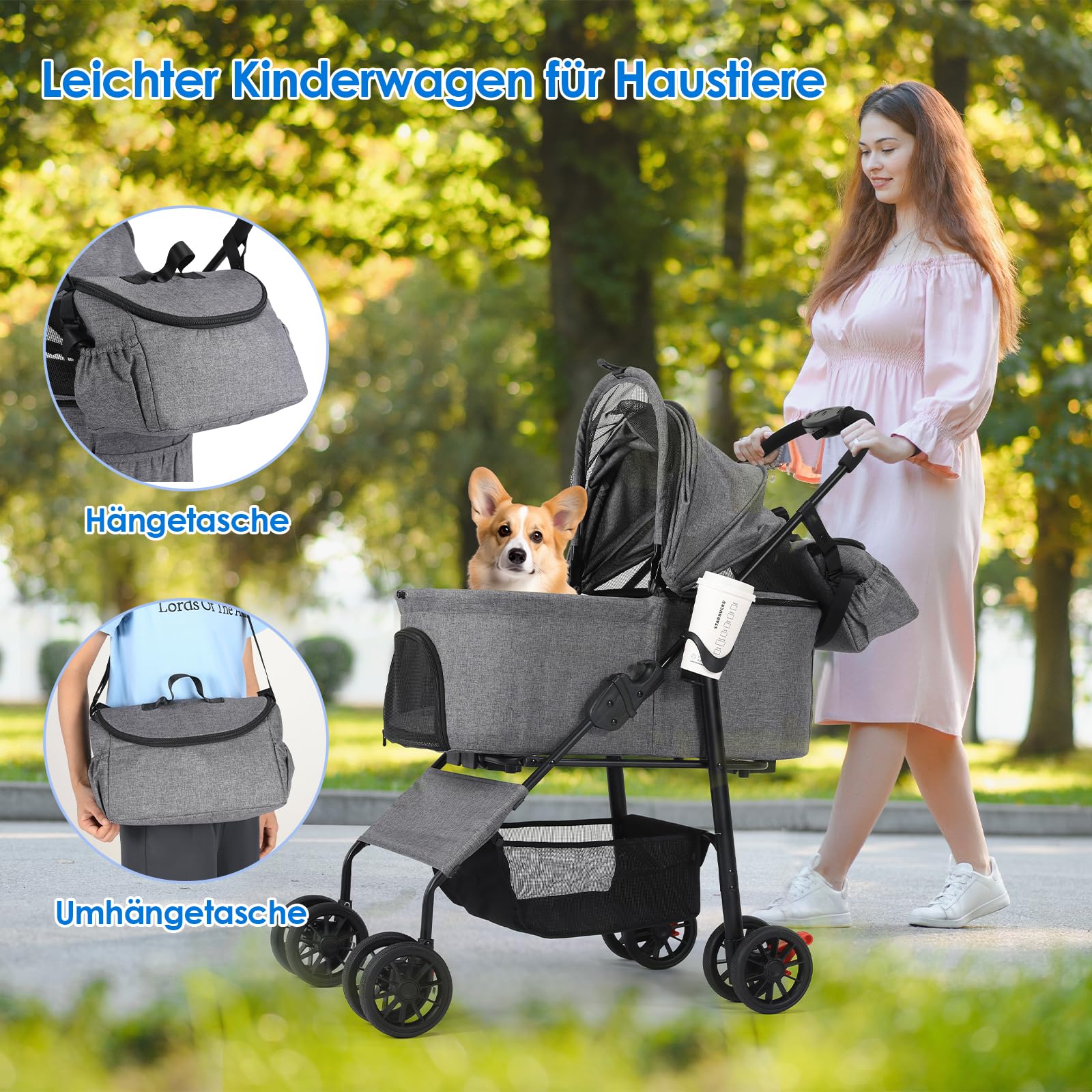 MAMIZO Hundebuggy 3 in 1 bis 20 kg,Klappbar Hundebox Transporttasche,Tragbares Haustiernest,mit Umhängetasche, 4 PCS Räder Pack,GroBzügiger Korb für kleine/Mittlere Hunde Katzen,OxfordStoff, Grau