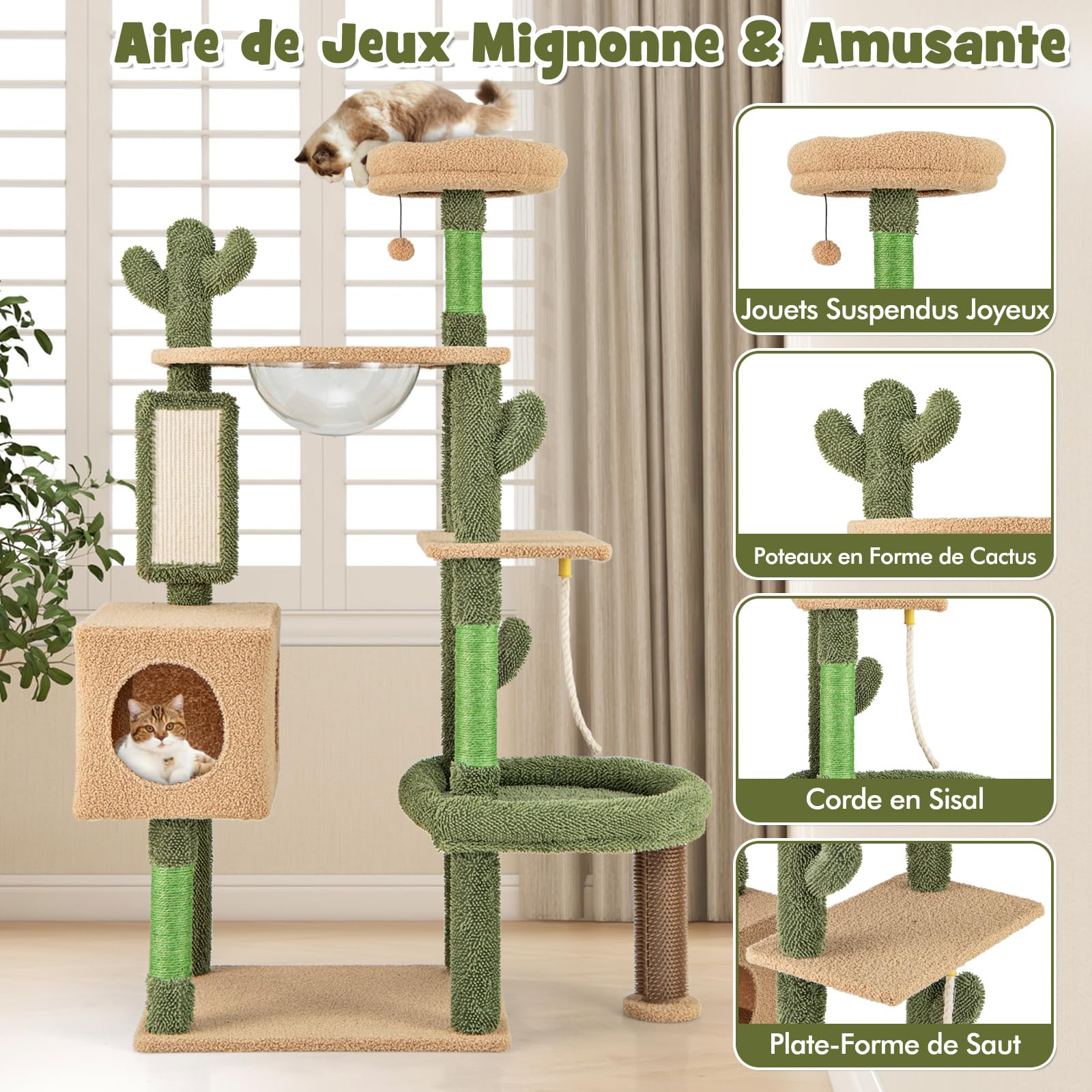 COSTWAY Arbre à Chat Cactus 150 cm, Tour pour Chats à 5 Étages, 4 Plateformes, Condo, Capsule, Arbre à Chat XXL, Brosse d'Toilettage, Planche à Griffer, 3 Poteaux à Griffer en Sisal