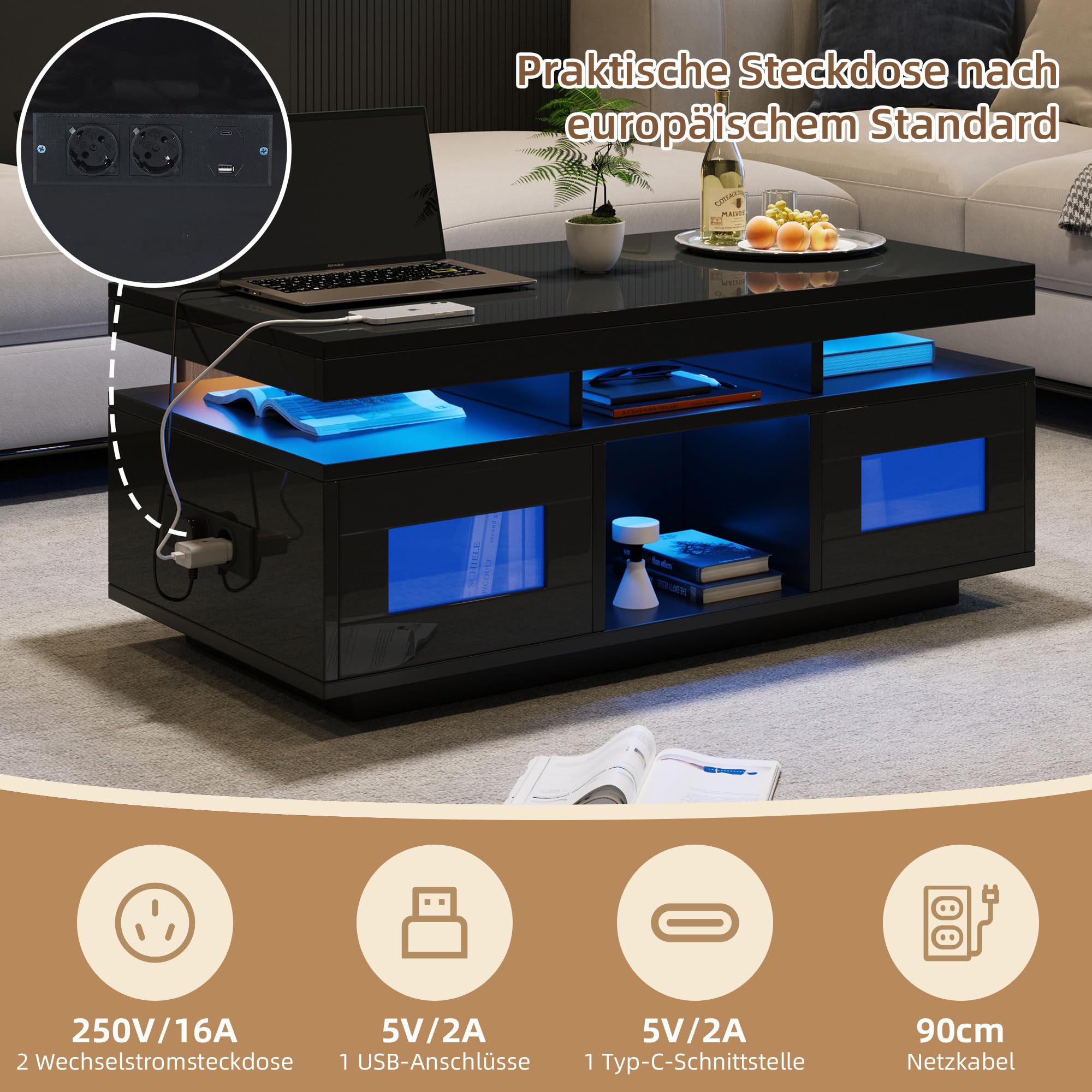 Merax Couchtisch Schwarz, Wohnzimmertisch Hochglanz mit LED Beleuchtung, Beistelltisch Kaffeetisch mit Schrank & Offene Staufächer, Sofatisch mit Ladeanschluss, Rechteckiger Mitteltisch, 100×50×43cm