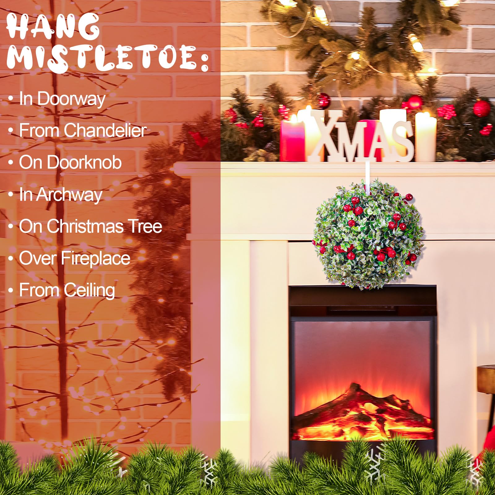 Blueweenly Weihnachtliche Mistelzweig-Ornament, groß, künstlich, Mistelzweig, küssende Kugel, Glitzer, Weihnachtsbaumdekoration, hängende Mistelzweig, für Weihnachtsbaum, Türdekoration (20,3 cm,