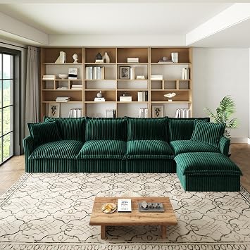 Modern Modular Sectional Sofa, Modern Slipcovered 4-Seat Sofa Couches, Comfy Cloud Sofa, Corduroy Deep Seat Sofa with Toss Pillows and Detachable Cover, for Living Room Green, 156.6inch+1 Ottoman