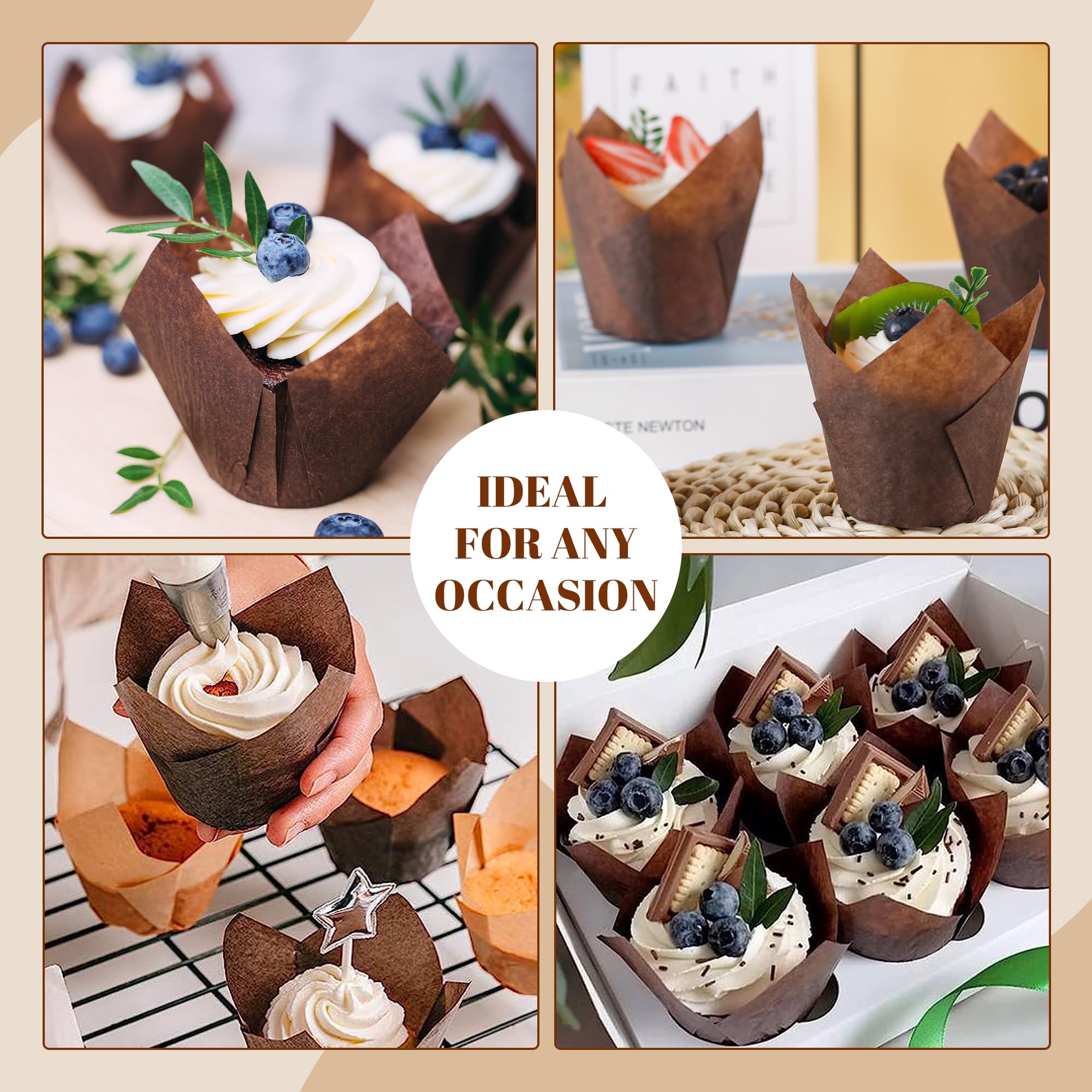 NPLUX 300 forros de tulipán marrón para magdalenas, para hornear magdalenas a prueba de grasa, tamaño estándar, perfecto para fiestas, vacaciones, cupcakes caseros y panadería